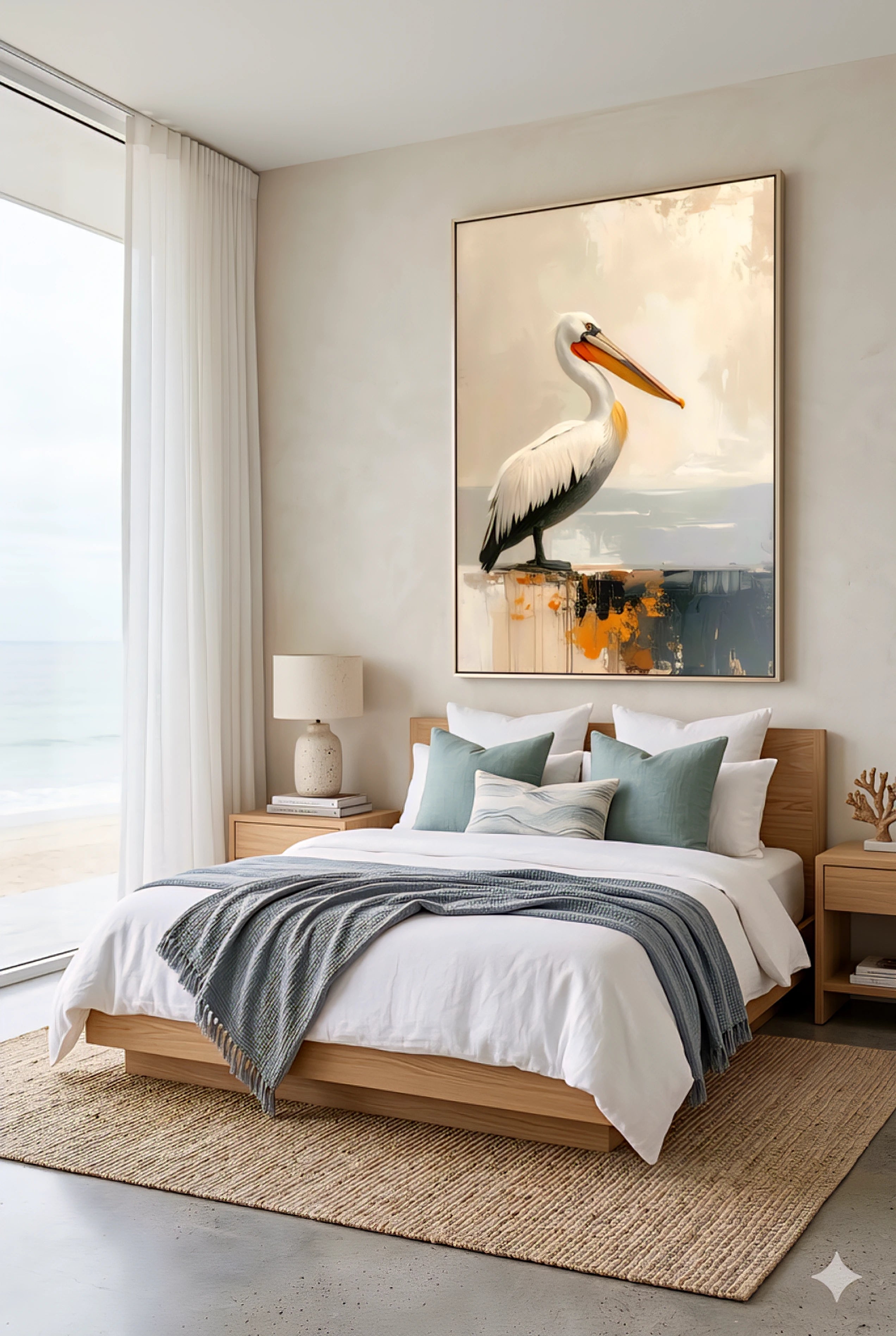 Modern coastal bedroom with pelican wall art printable digital download above bed in a serene beach house interior.