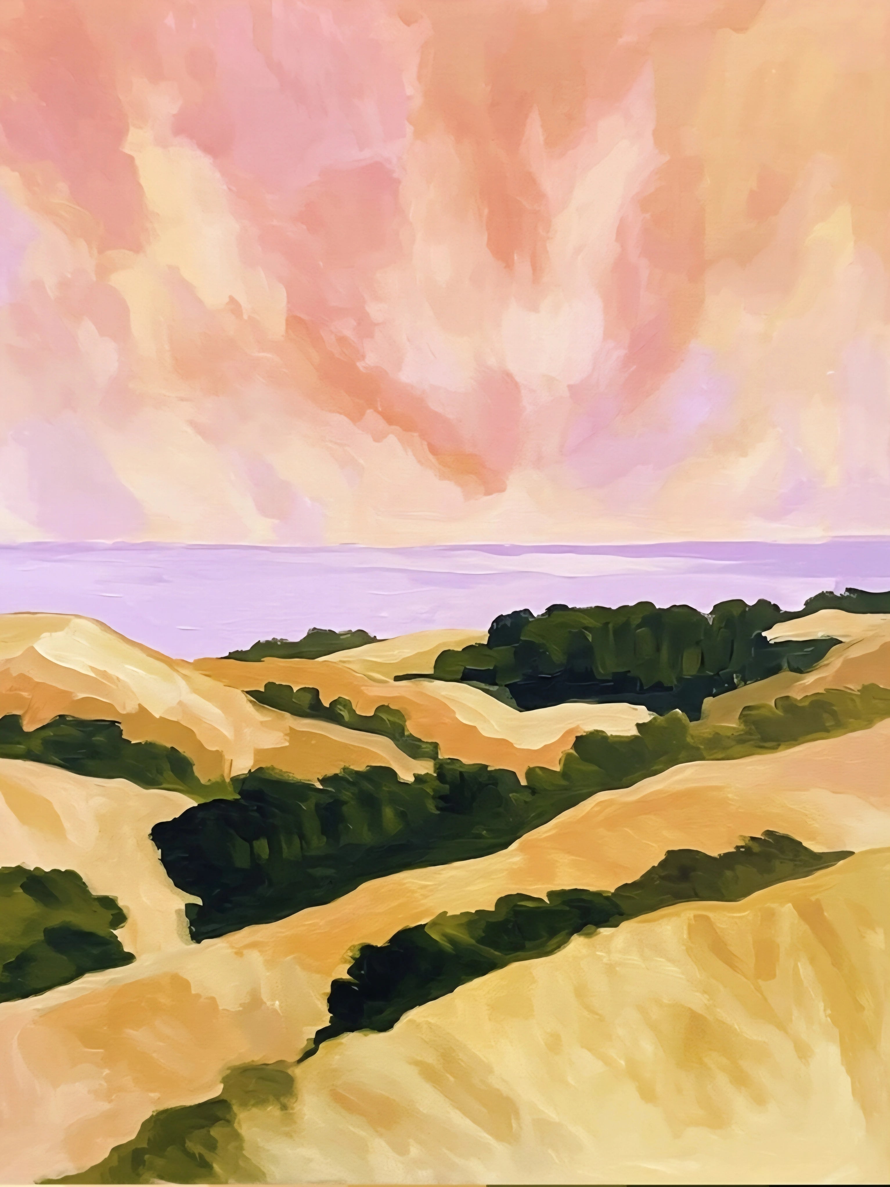 Contemporary landscape print with warm tones and layered countryside views, printable art designed for easy gallery wall styling