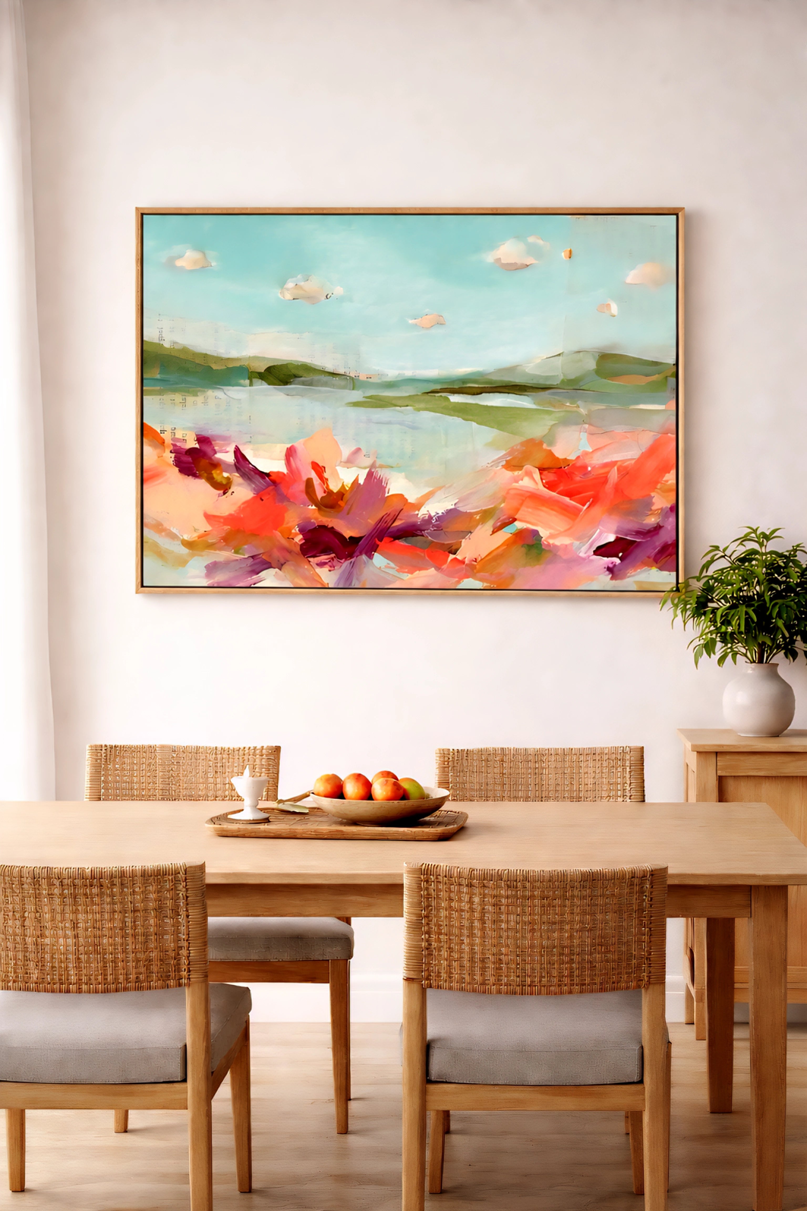Savvy places large abstract coastal landscape wall art in aqua and coral tones above dining table, modern printable art in light wood frame styled in warm neutral dining room decor