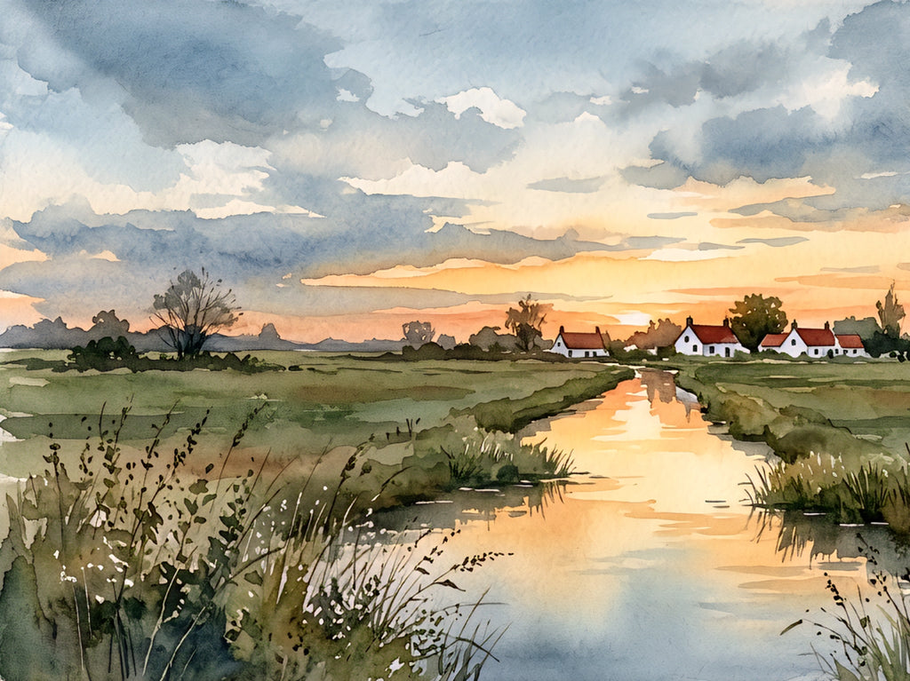 Coastal sunset village horizontal printable wall art with river reflection soft clouds and peaceful countryside landscape in warm neutral tones