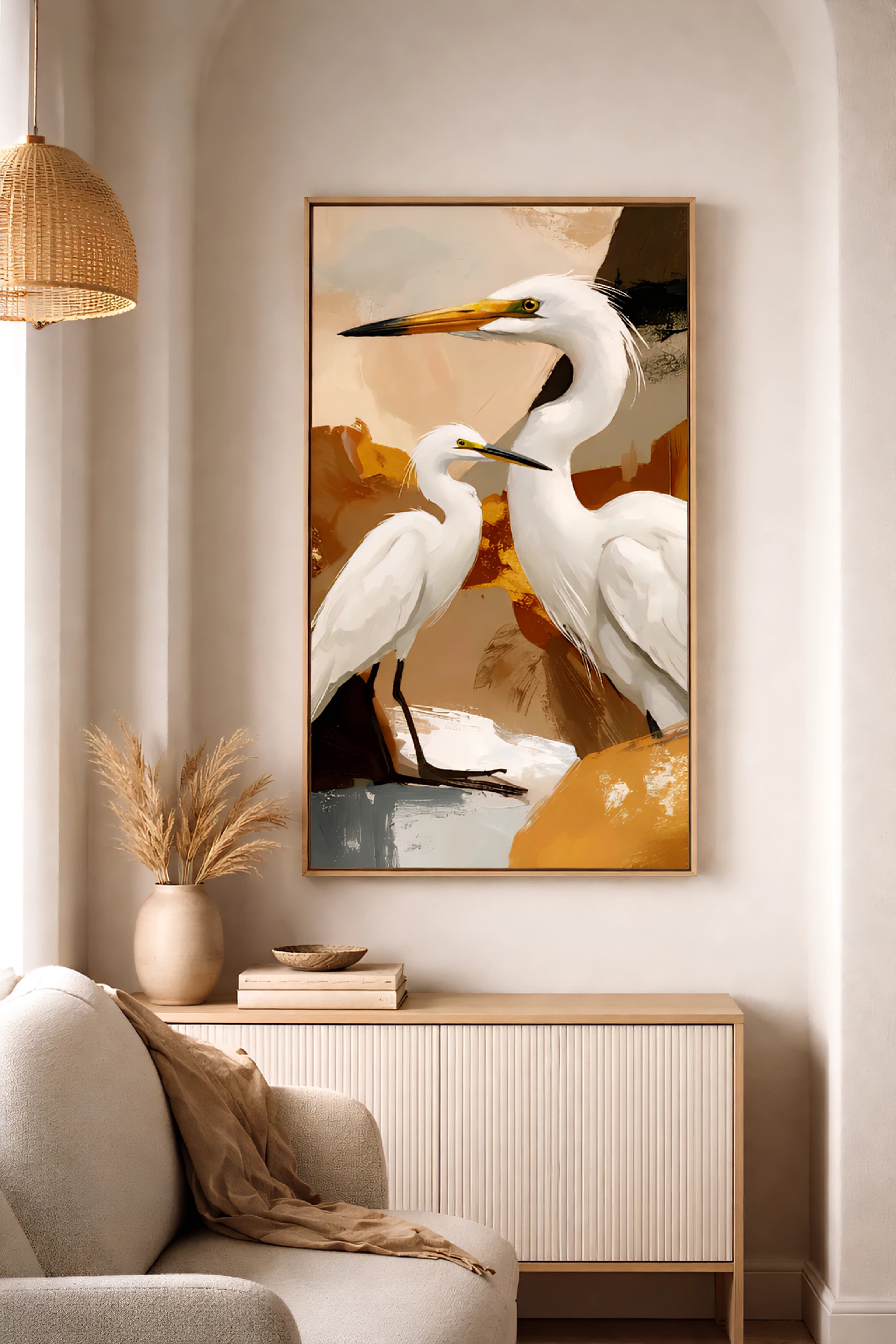 Coastal heron wall art in warm neutral nook with textured decor and soft natural light.