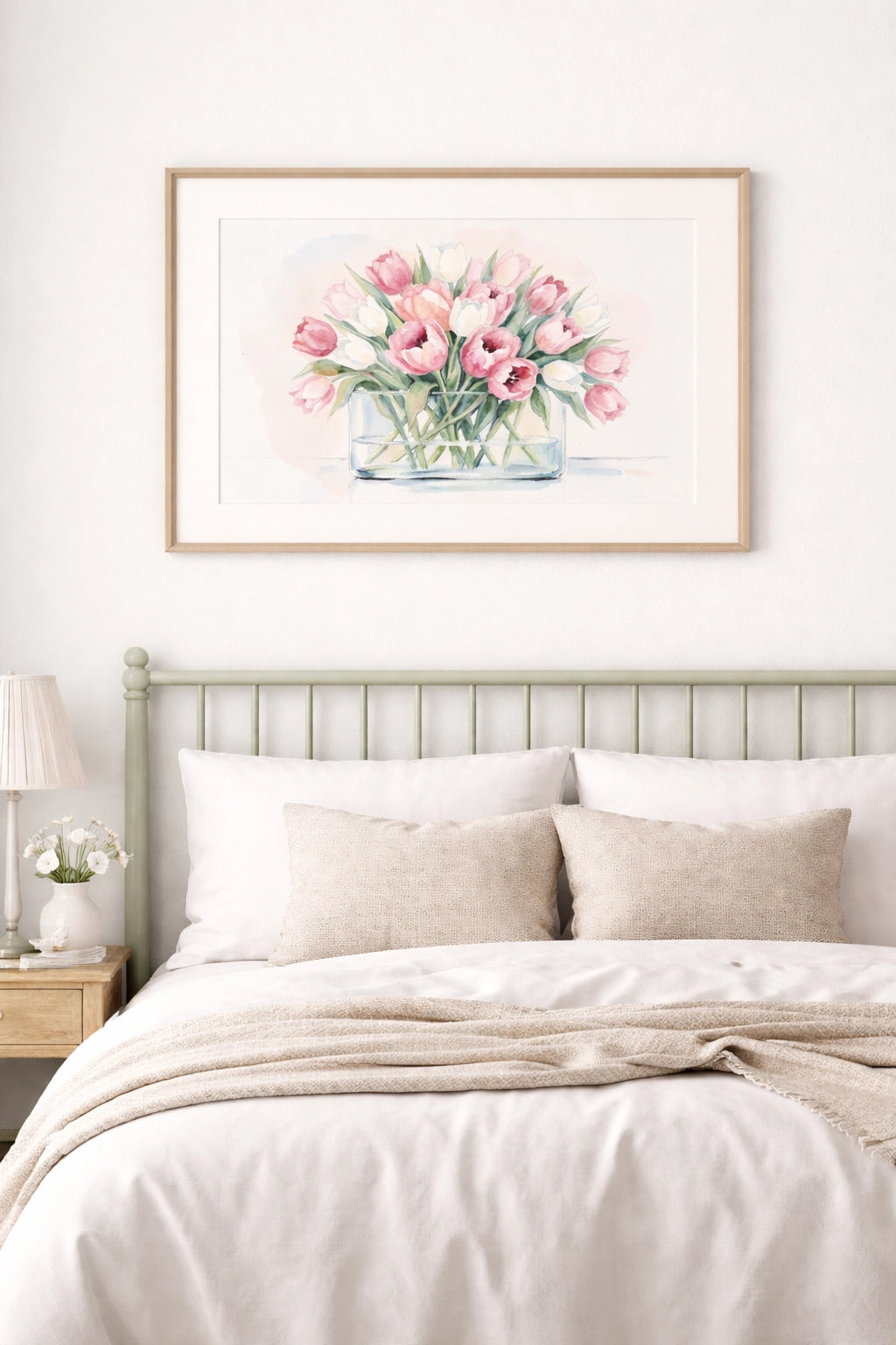Pink tulip watercolor wall art  framed above bed in neutral bedroom with soft sage and cream decor