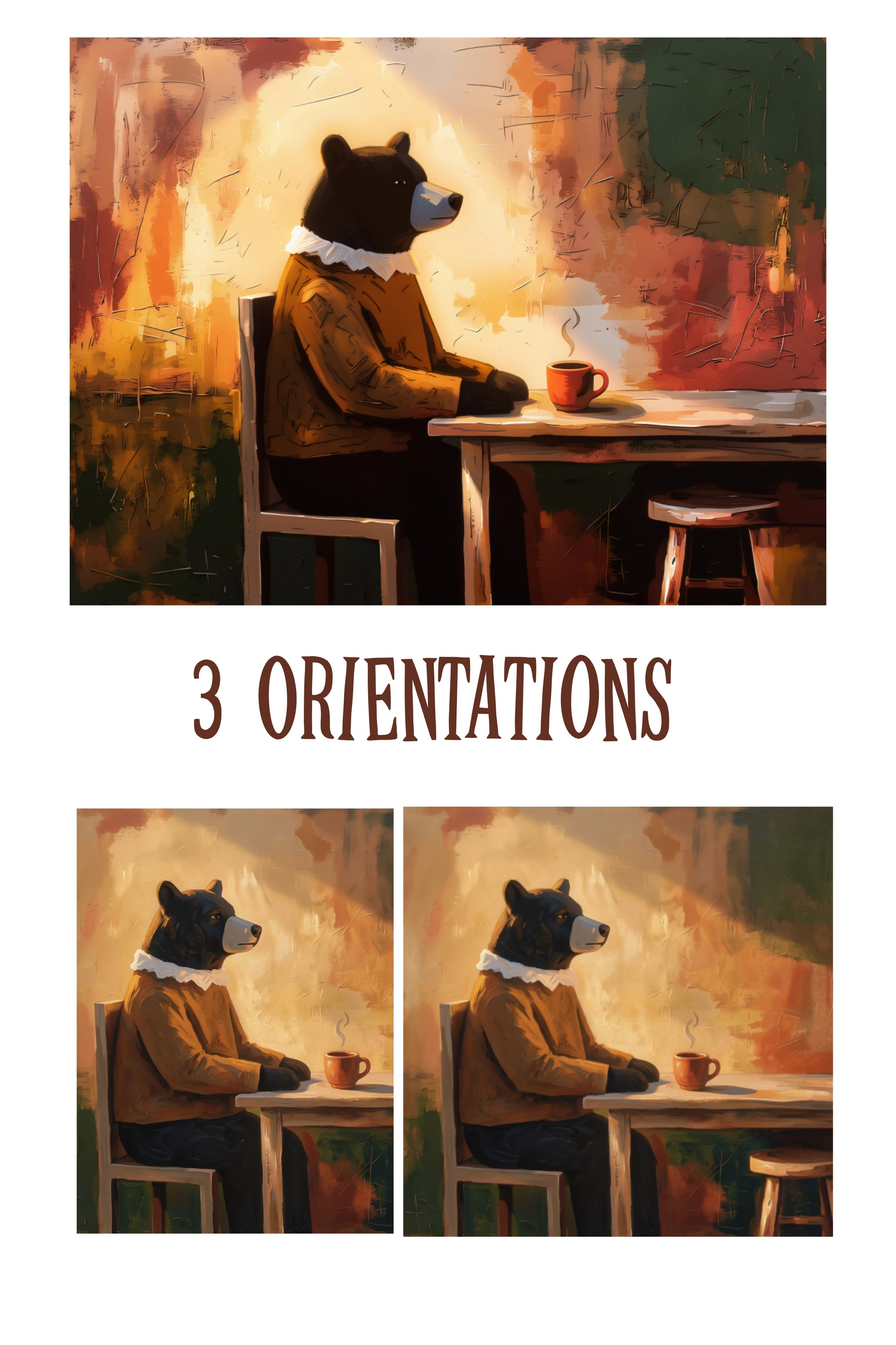 Artistic depiction of a bear in a sweater at a table with three different orientations.