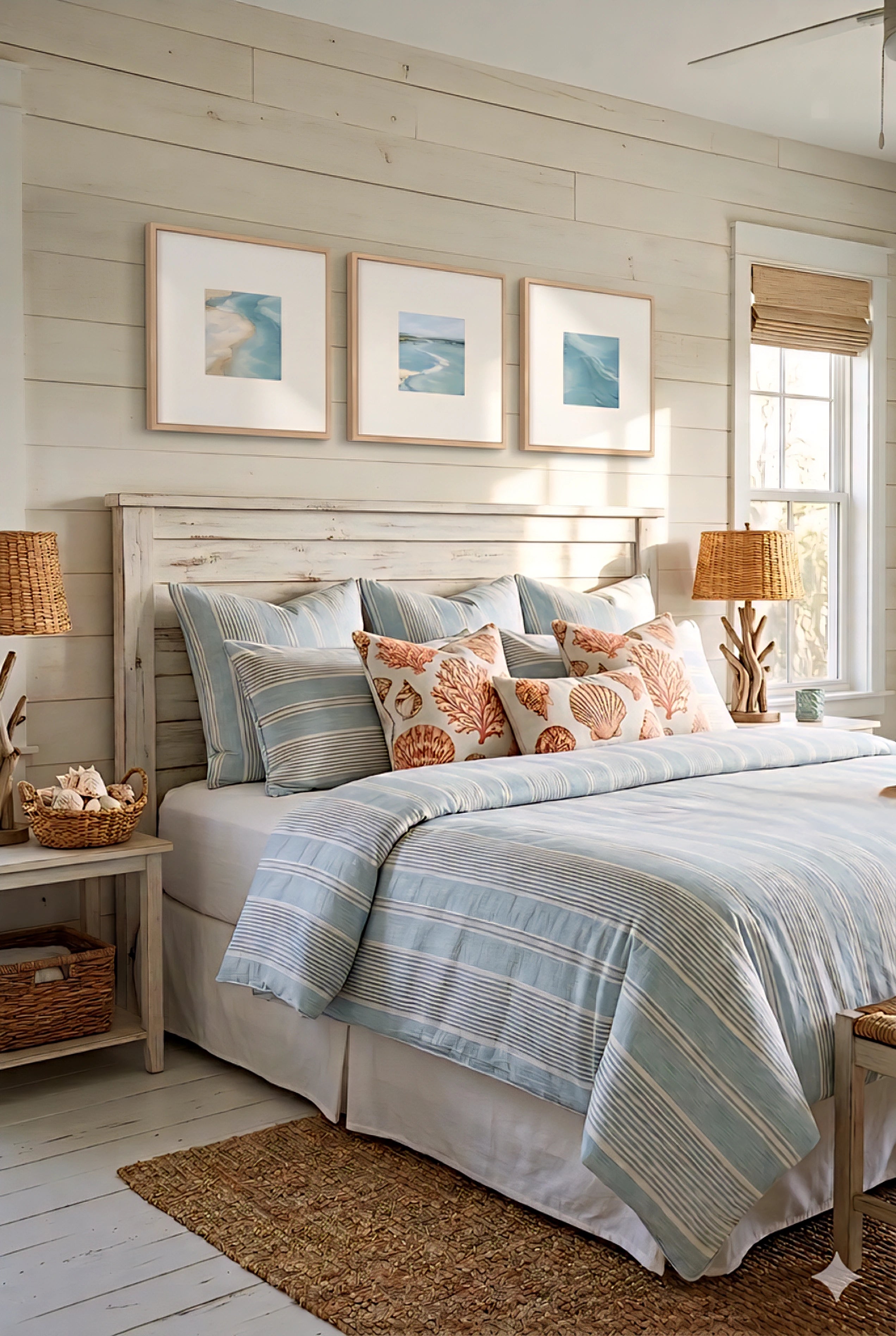 Coastal bedroom with three framed digital  ocean prints above bed with blue striped bedding and coral pillows