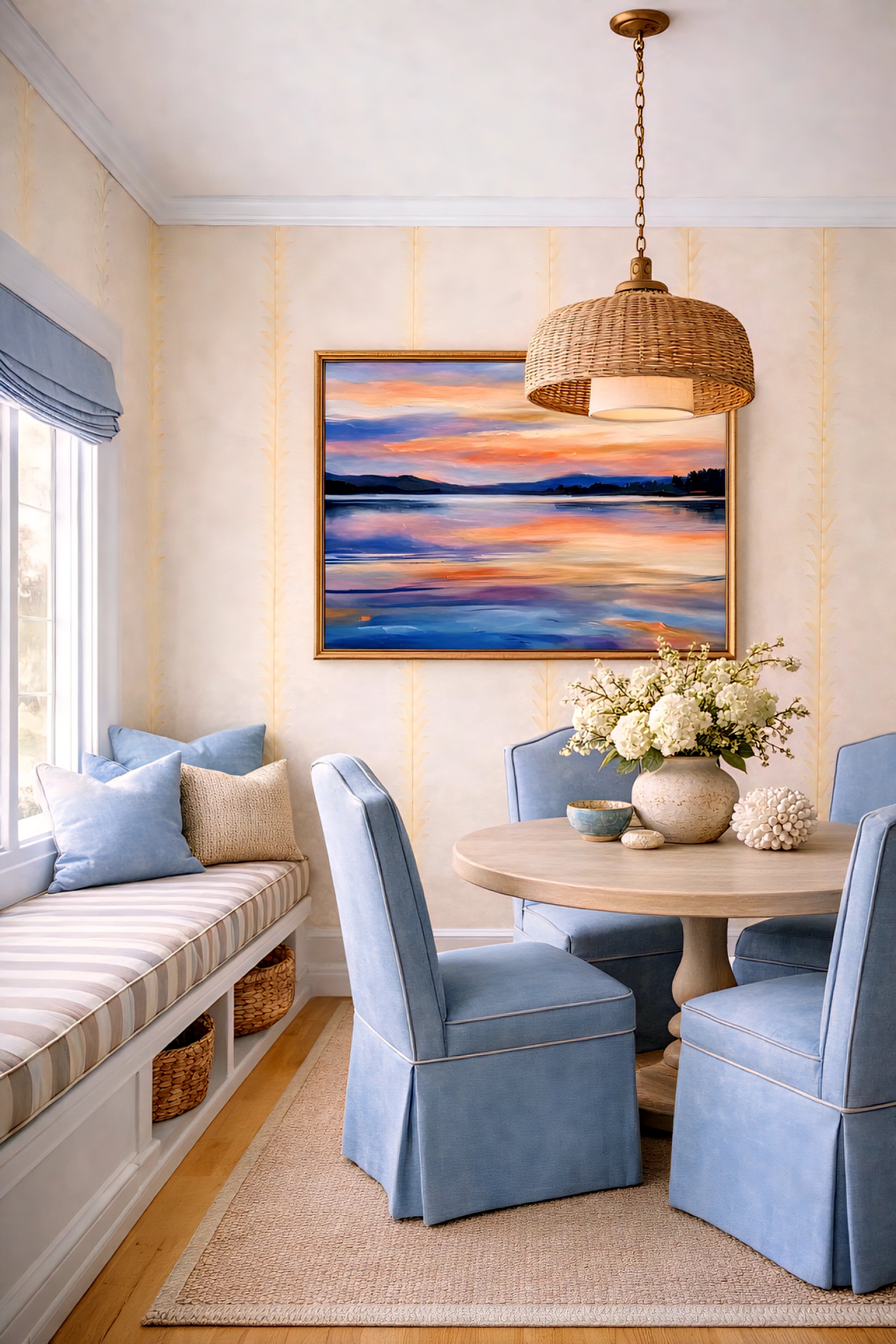Framed colorful abstract sunset lake wall art in cozy dining nook with blue chairs and natural textures, printable digital download decor