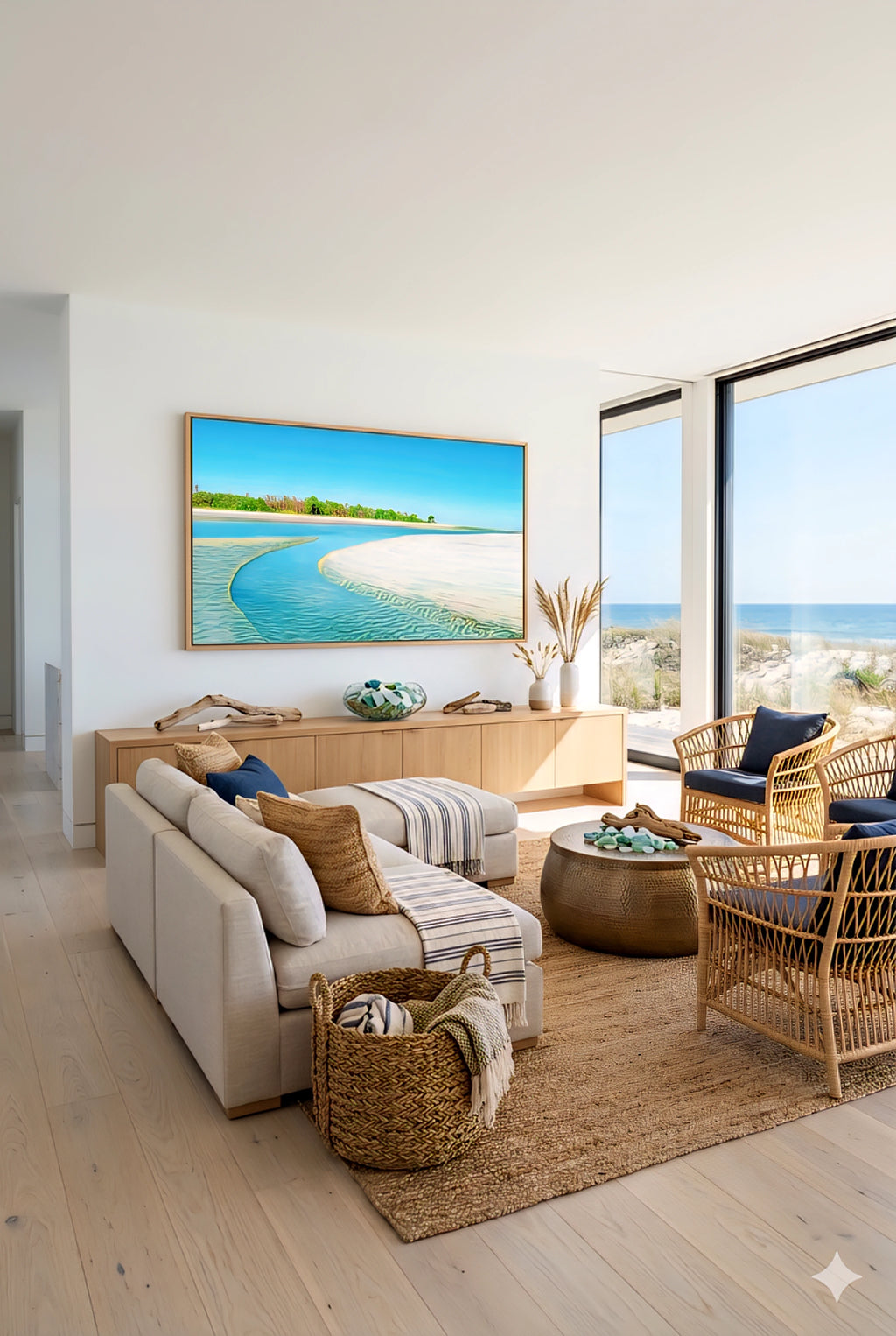 Large coastal beach wall art in modern living room with ocean view, neutral sofa, woven chairs, natural textures, and bright turquoise shoreline print for relaxed coastal decor