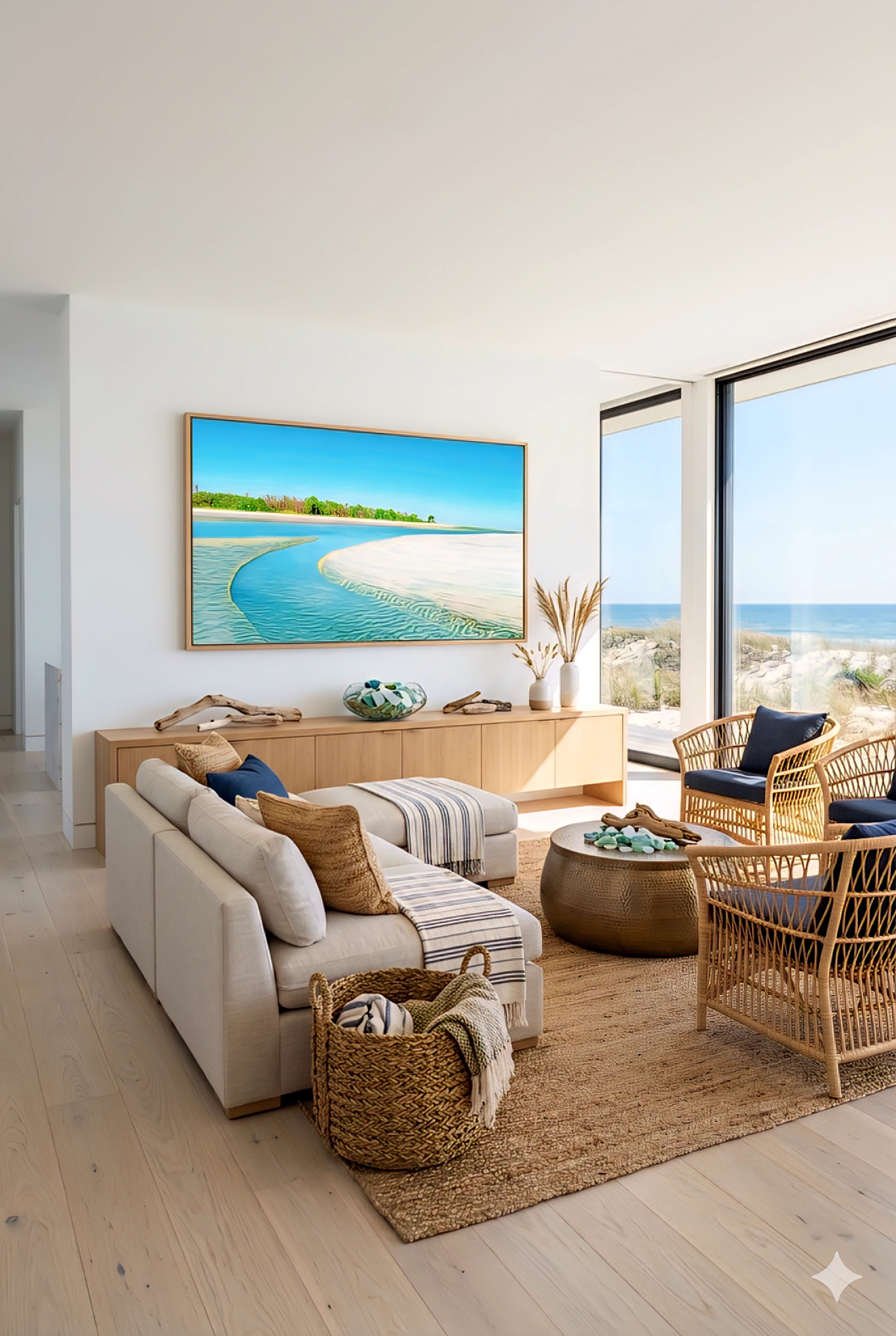 Large coastal beach wall art in modern living room with ocean view, neutral sofa, woven chairs, natural textures, and bright turquoise shoreline print for relaxed coastal decor