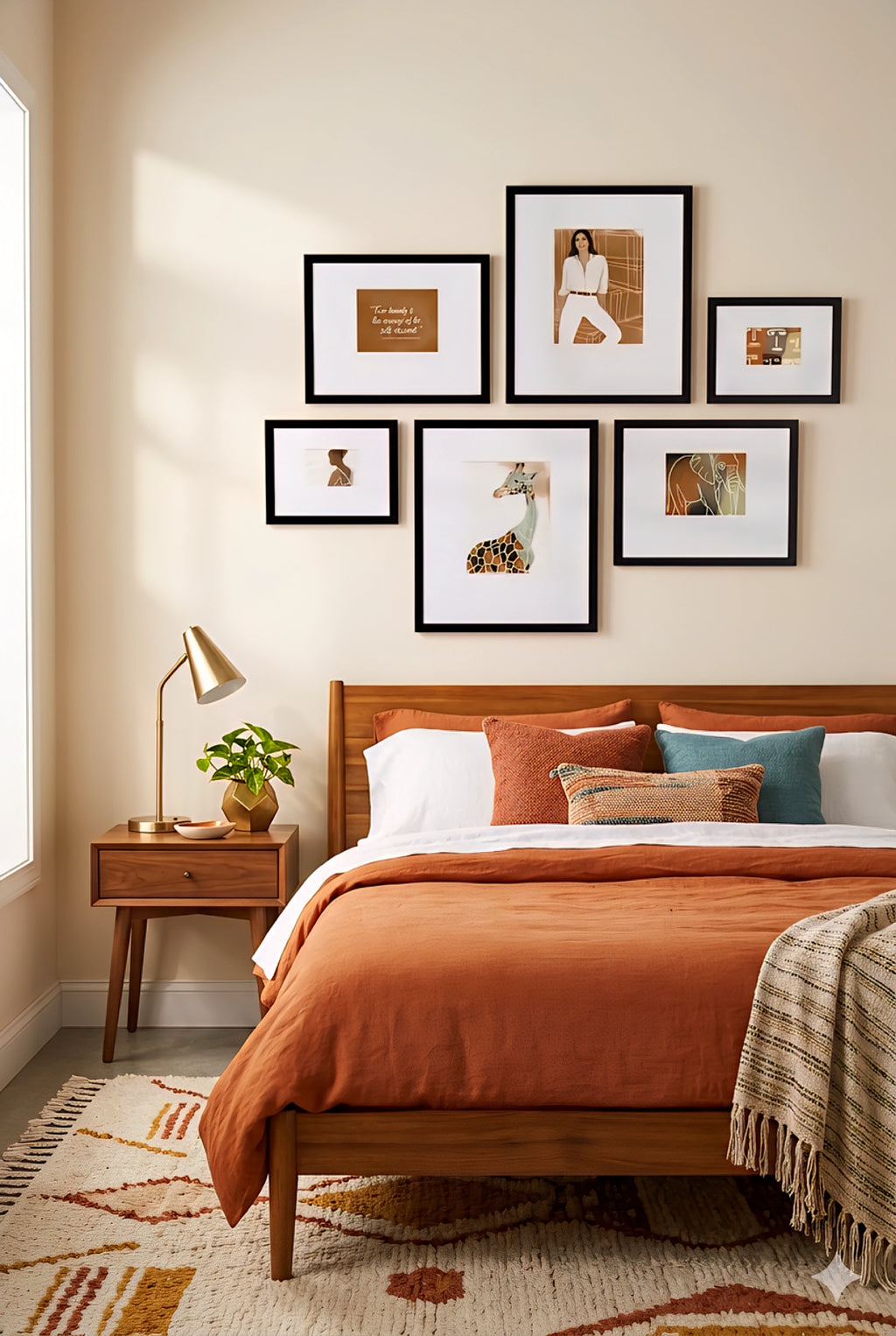 Earth tone safari gallery wall set of 6 above bed with warm neutral bedding, featuring giraffe, elephant, abstract and portrait prints