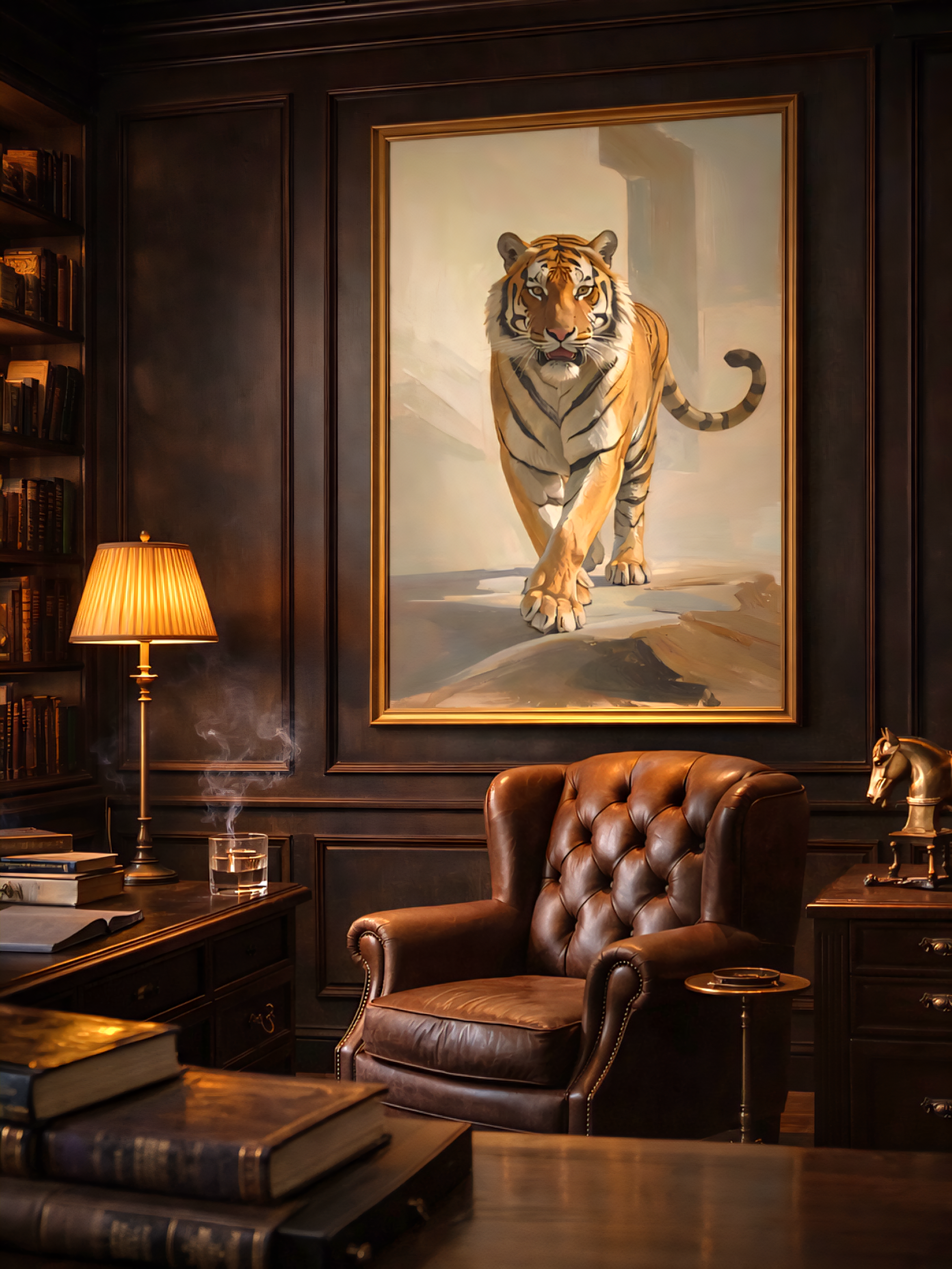 Oversized tiger wall art wildlife decor in dramatic study