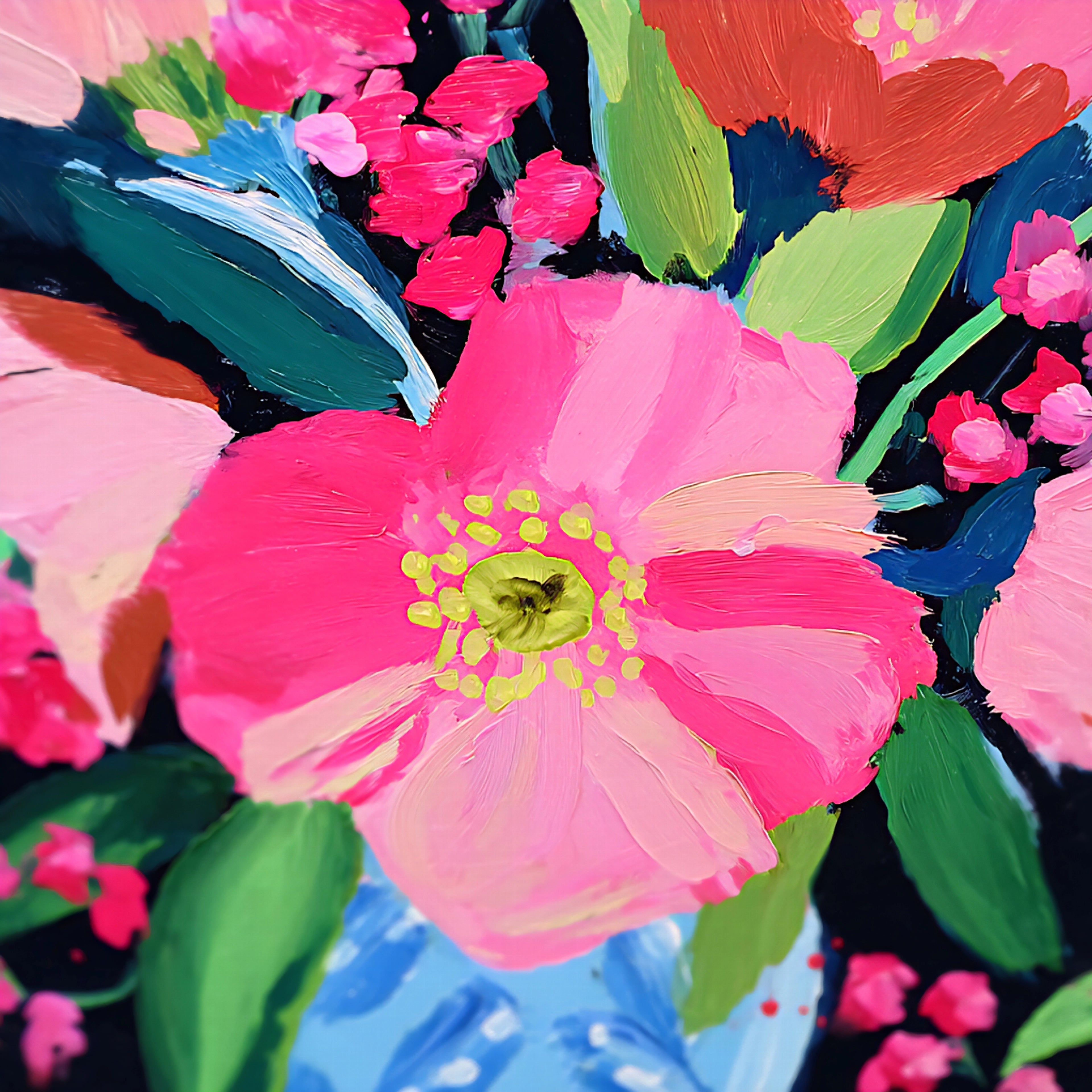 Colorful floral painting with pink flowers and green leaves on a dark background