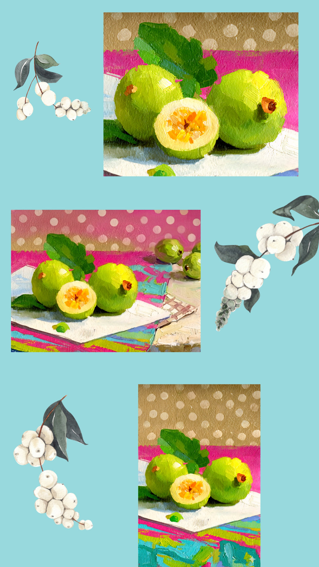 Bright fruit wall art digital download showing three orientations—horizontal, vertical, and square—featuring vibrant green guava still life on colorful background, printable artwork for kitchen or dining decor