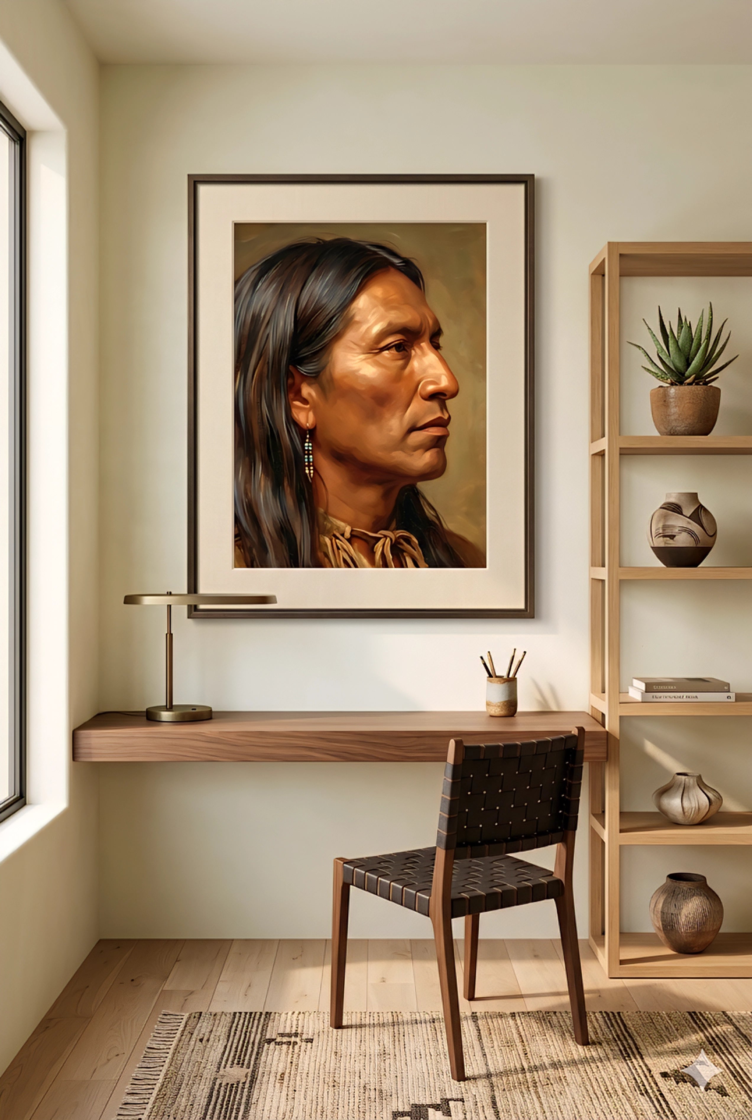 Framed Native American portrait digital wall art displayed in a minimalist home office with wood desk, shelving, and soft natural light