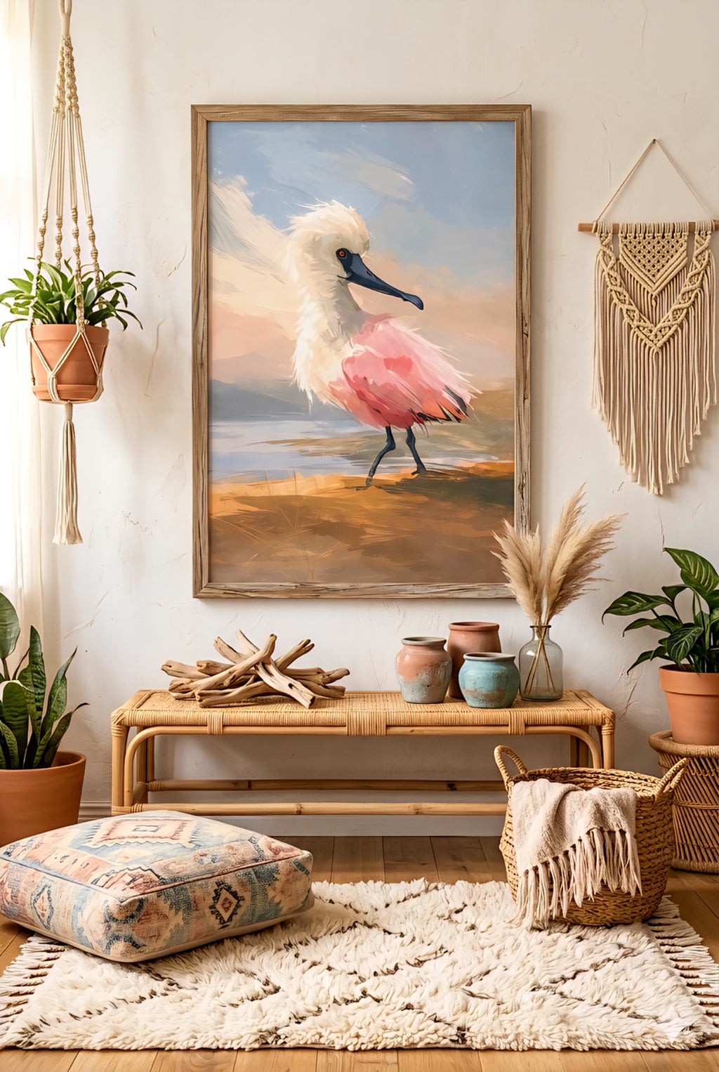 Boho coastal decorinspo with printable  bird wall art digital download, neutral tones, woven textures, macrame wall hanging, rattan bench, relaxed beachy bohemian interior styling