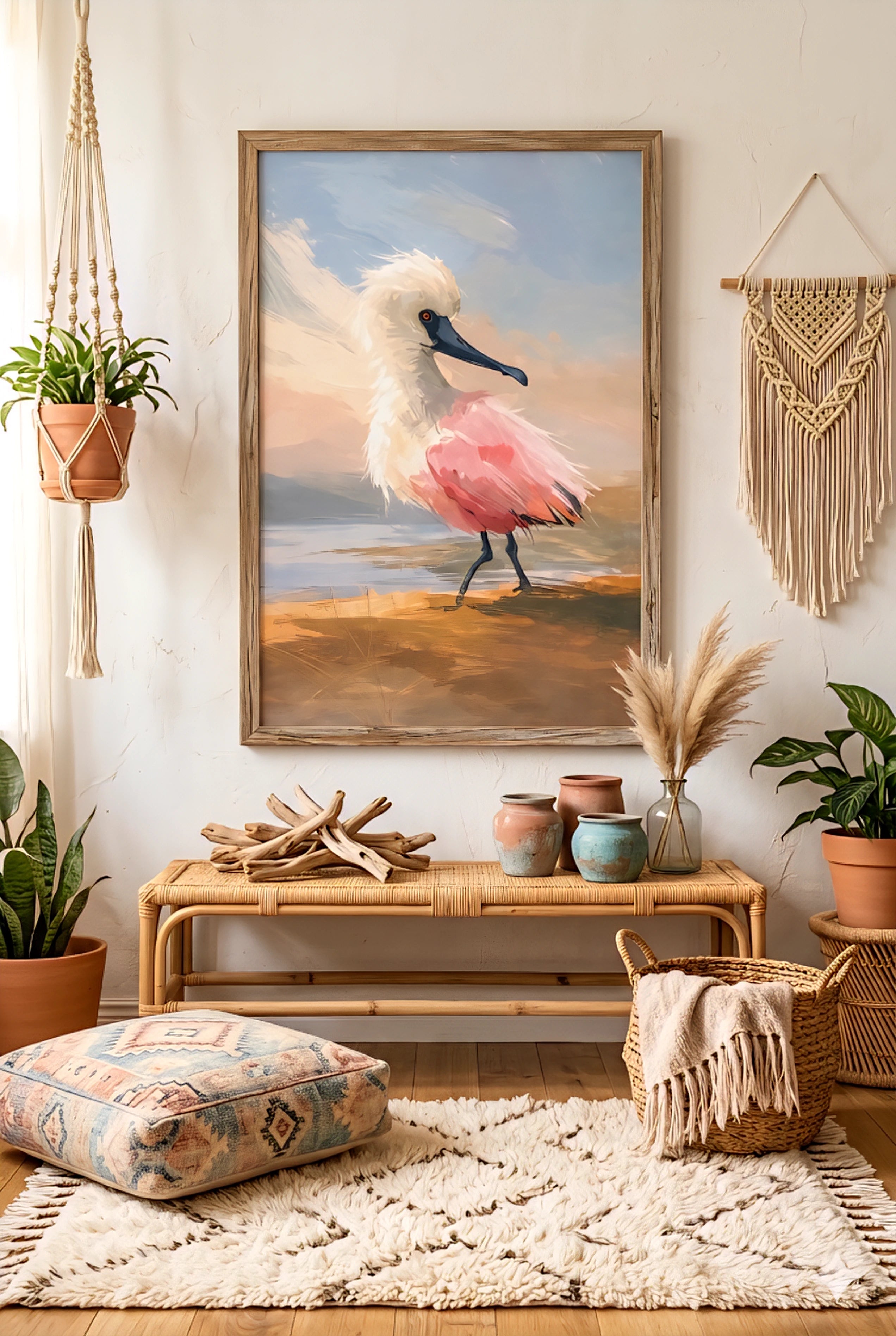 Boho coastal decorinspo with printable  bird wall art digital download, neutral tones, woven textures, macrame wall hanging, rattan bench, relaxed beachy bohemian interior styling