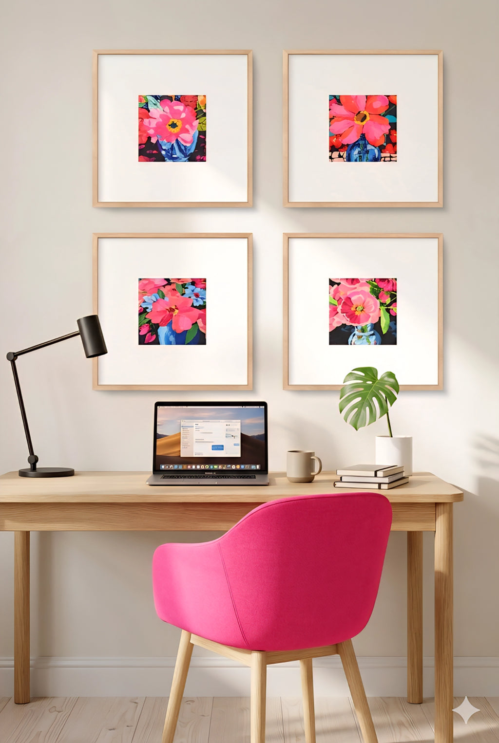 Modern home office wall art featuring four pink pop art flower prints in light wood frames arranged in a grid above a desk, styled with a pink chair and minimalist decor