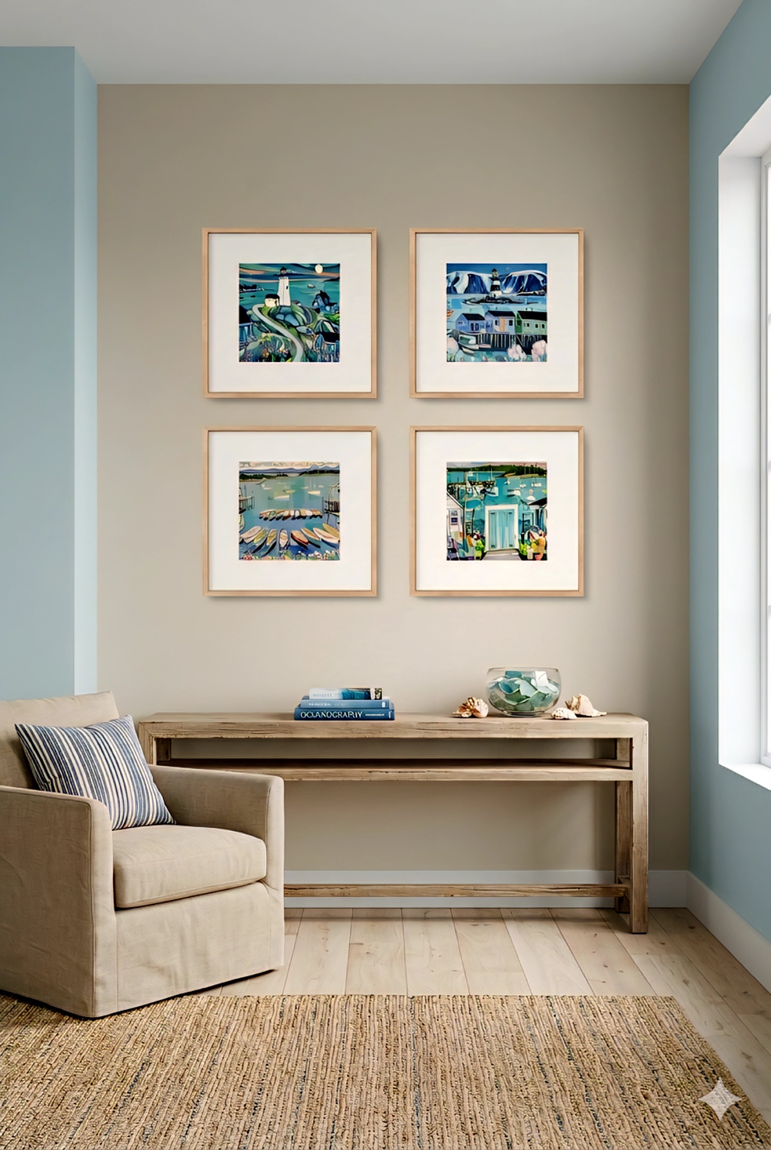 Coastal wall art set of 4 digital downloads featuring lighthouse, harbor boats, and seaside cottages in soft blue tones, styled above a minimal wood console with neutral chair and natural textures for clean coastal decorinspo entryway or living space design