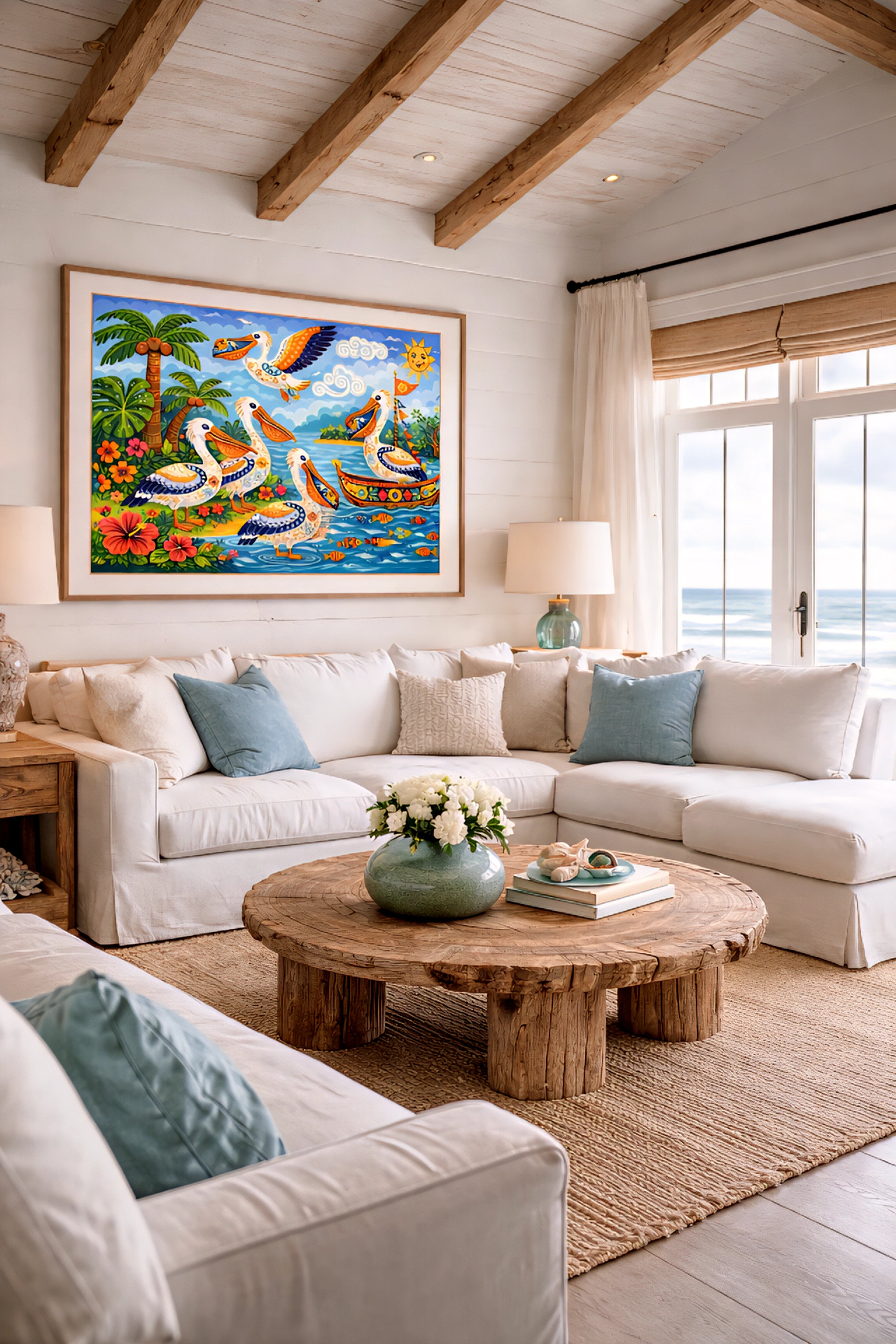 Cozy living room with a colorful downloadable pelican print , white sofa, and wooden coffee table.