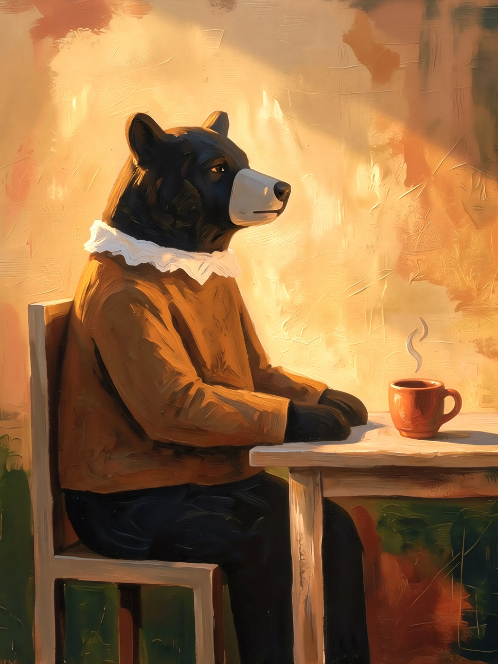 Vertical bear wall art print, modern animal cafe illustration with warm abstract tones, cozy contemporary decor digital download