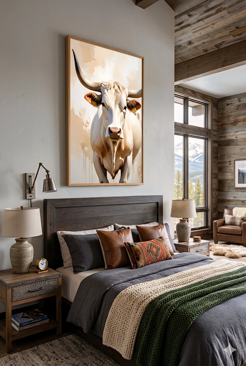Longhorn bull wall art above bed in rustic modern bedroom with wood walls, neutral bedding, and western farmhouse decor styling