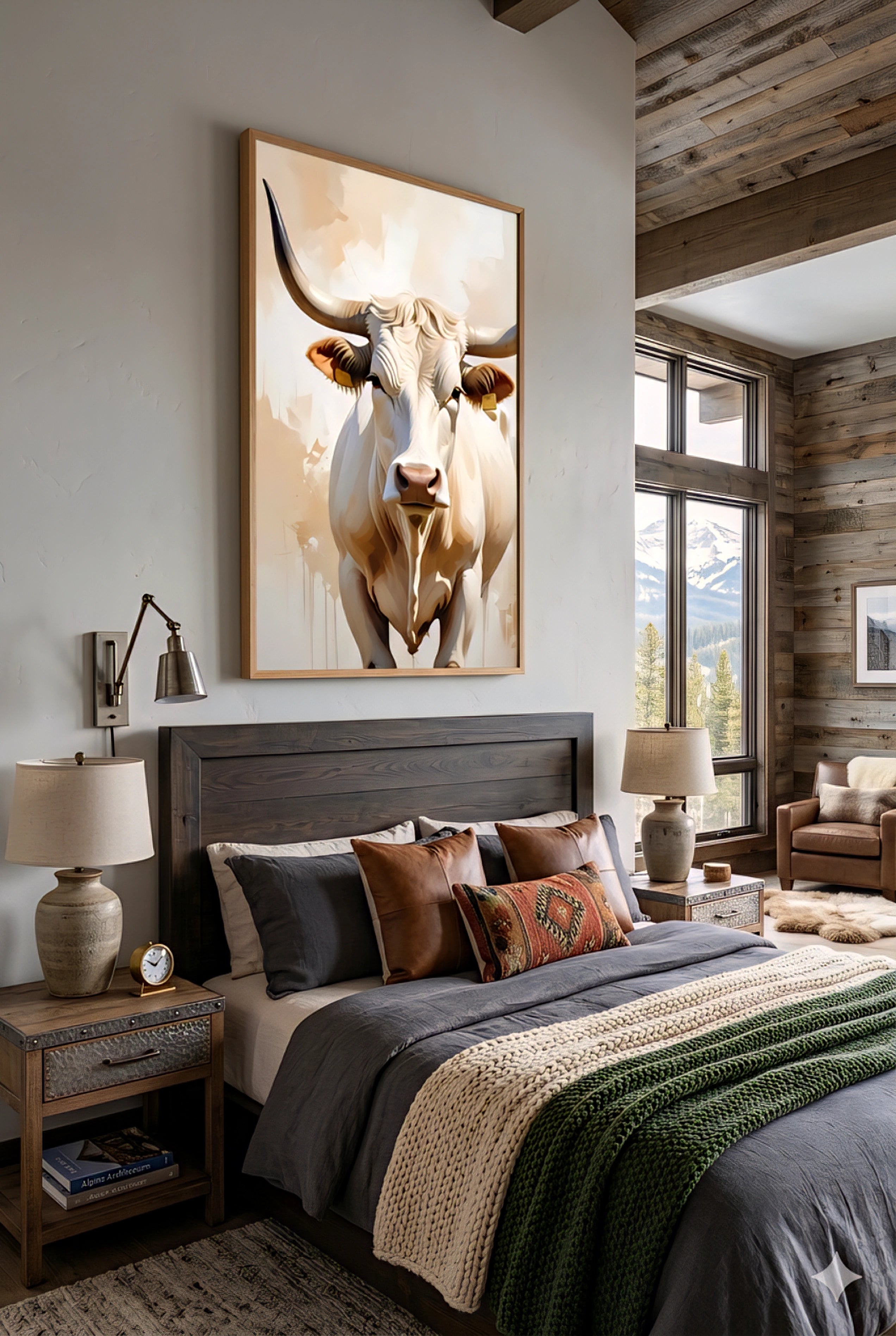 Longhorn bull wall art above bed in rustic modern bedroom with wood walls, neutral bedding, and western farmhouse decor styling
