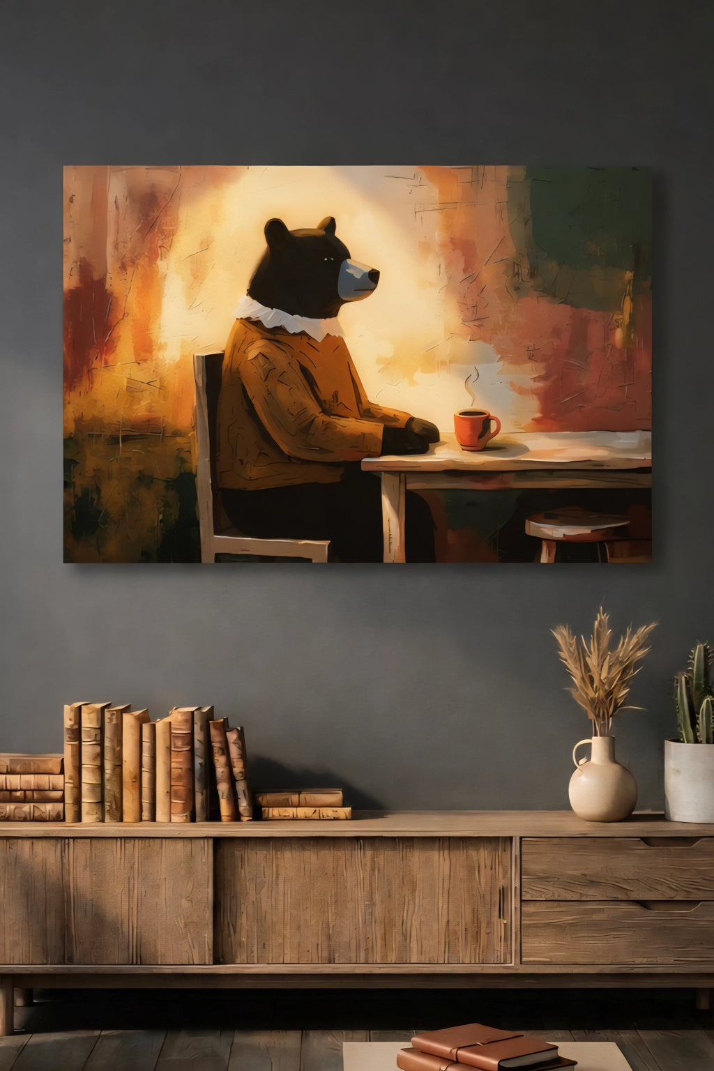 Modern bear wall art print in cozy living room, abstract animal cafe illustration with warm earthy tones above wooden console decor