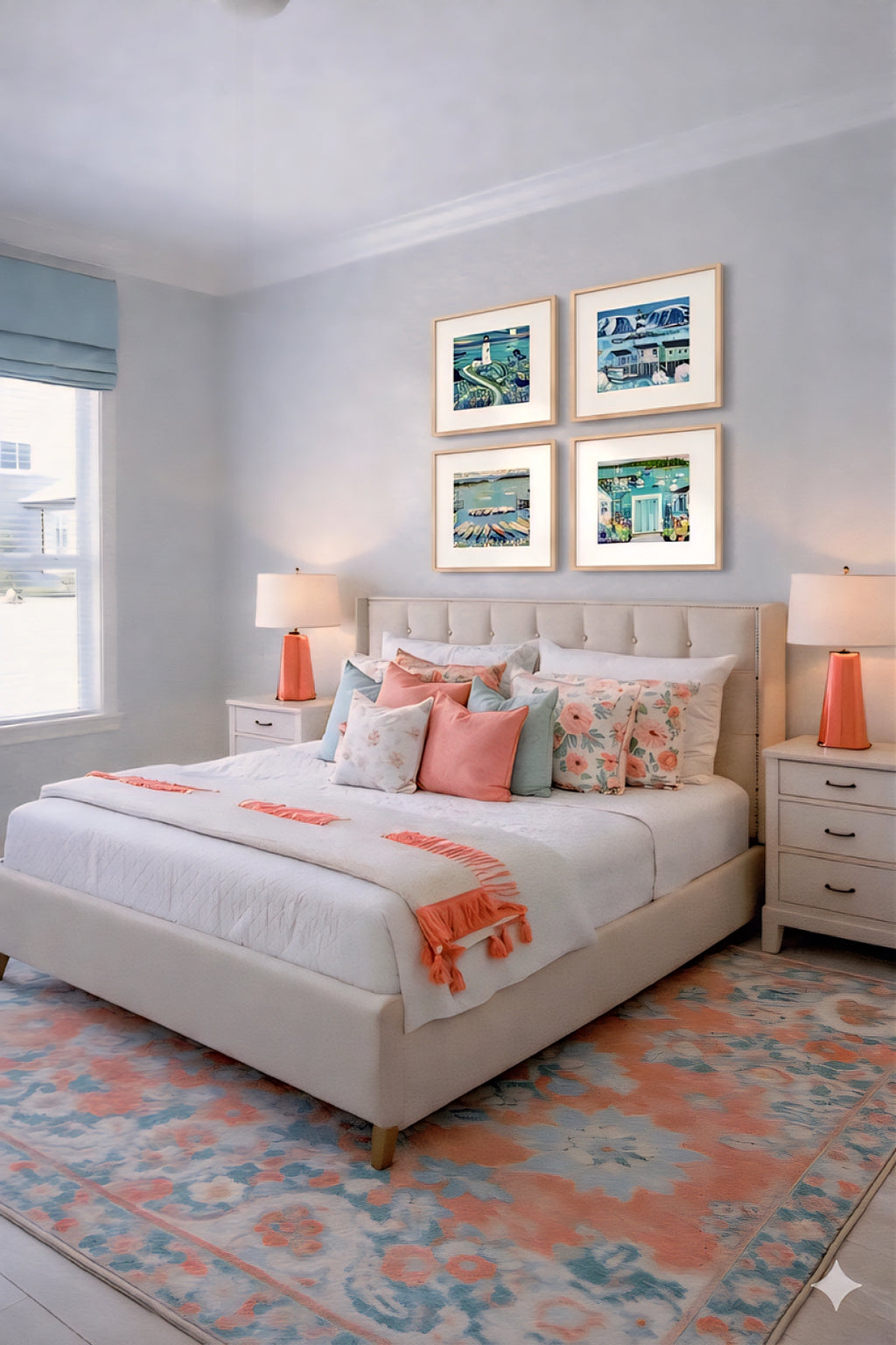 Coastal wall art set of 4 digital downloads displayed above a neutral upholstered bed, featuring lighthouse, harbor boats, and seaside cottages in soft blue and coral tones, styled with layered pillows and patterned rug for warm coastal decorinspo bedroom design