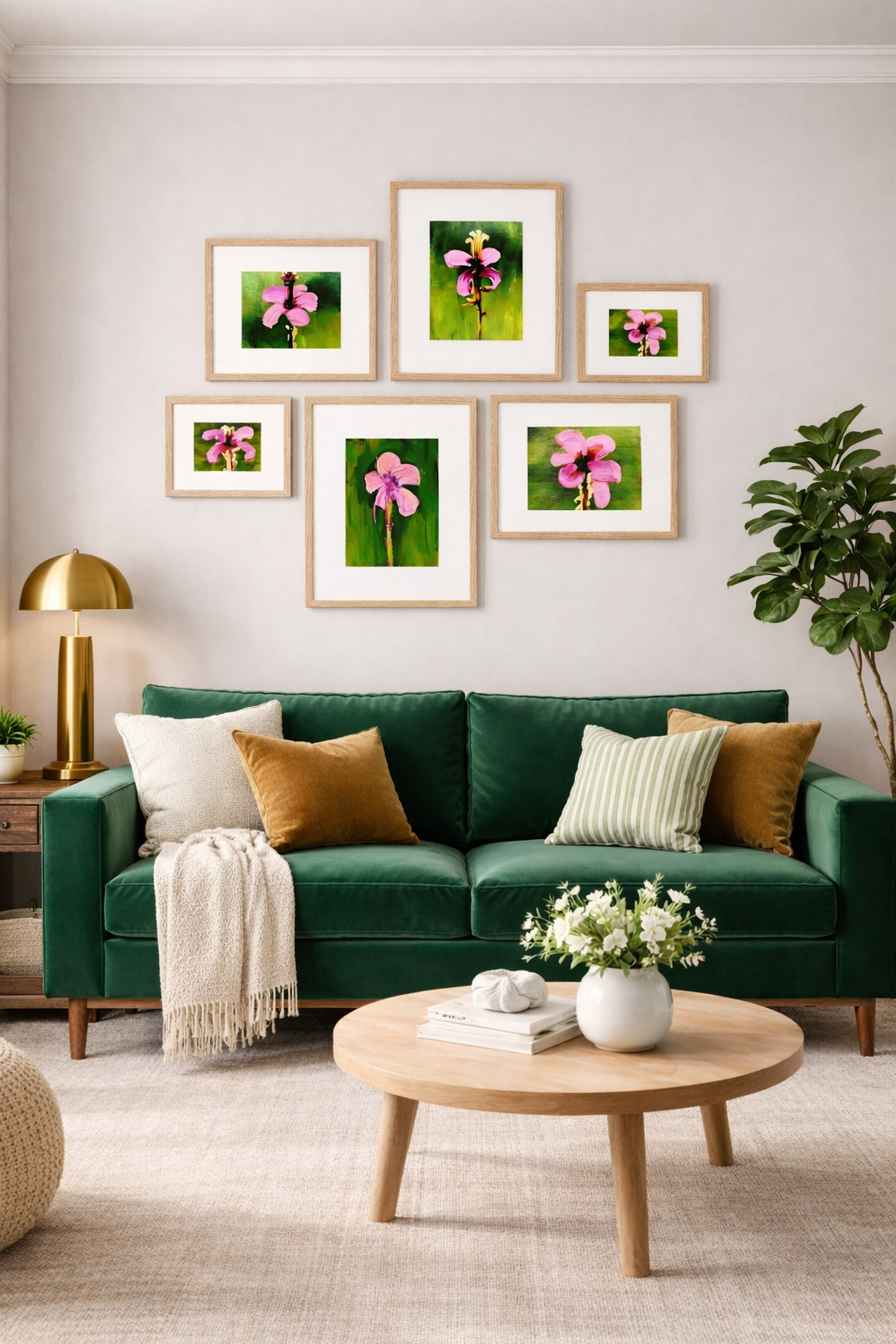 Pink floral printable gallery wall above emerald green sofa, modern living room decor, light oak frames, DIY wall art download, affordable oversized statement art decorinspo