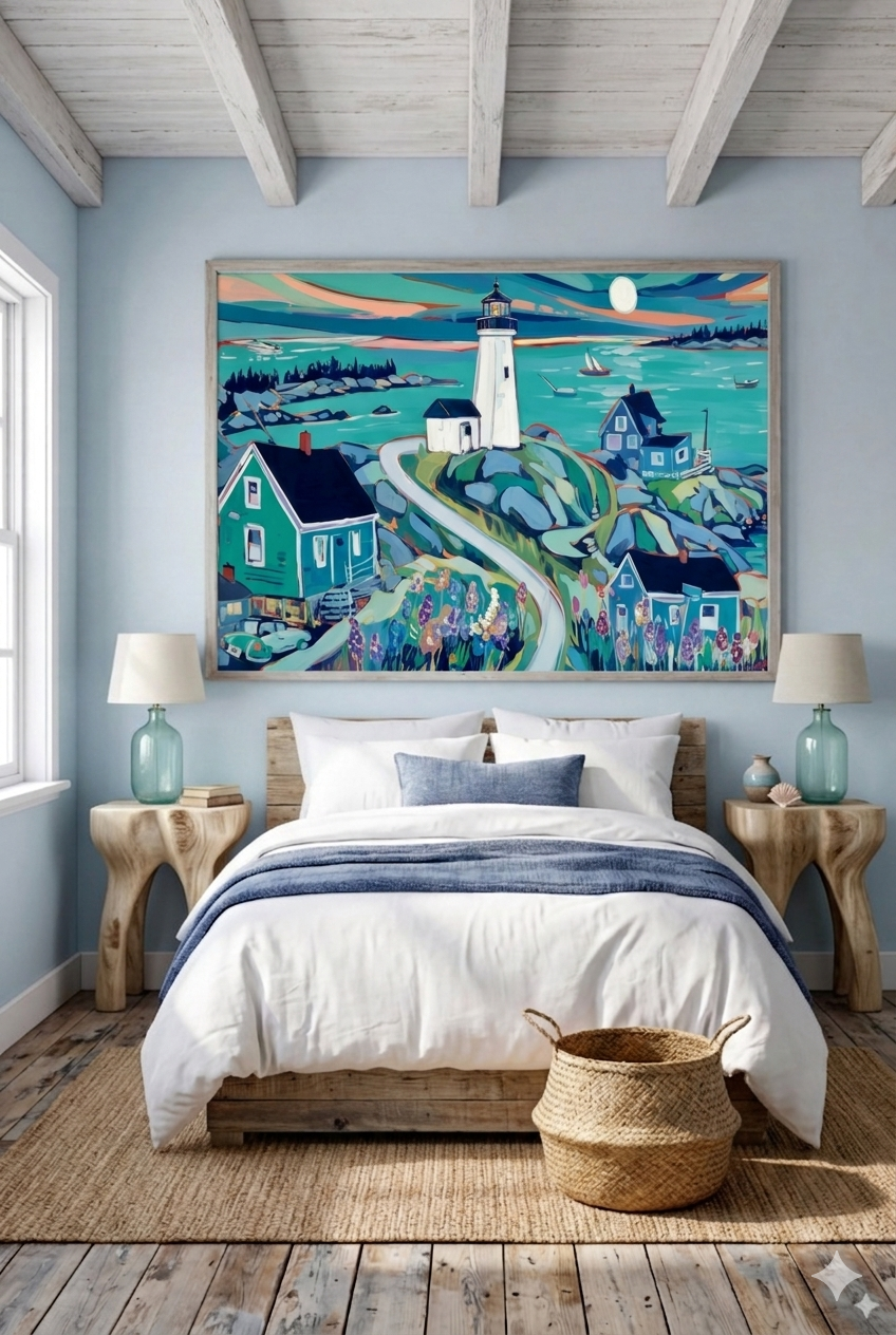 Coastal bedroom with light blue walls, wood furniture, and woven textures, styled with a colorful lighthouse seascape wall art featuring ocean waves, sailboats, and seaside cottages, creating a calm beach house decor focal point, digital download wall art