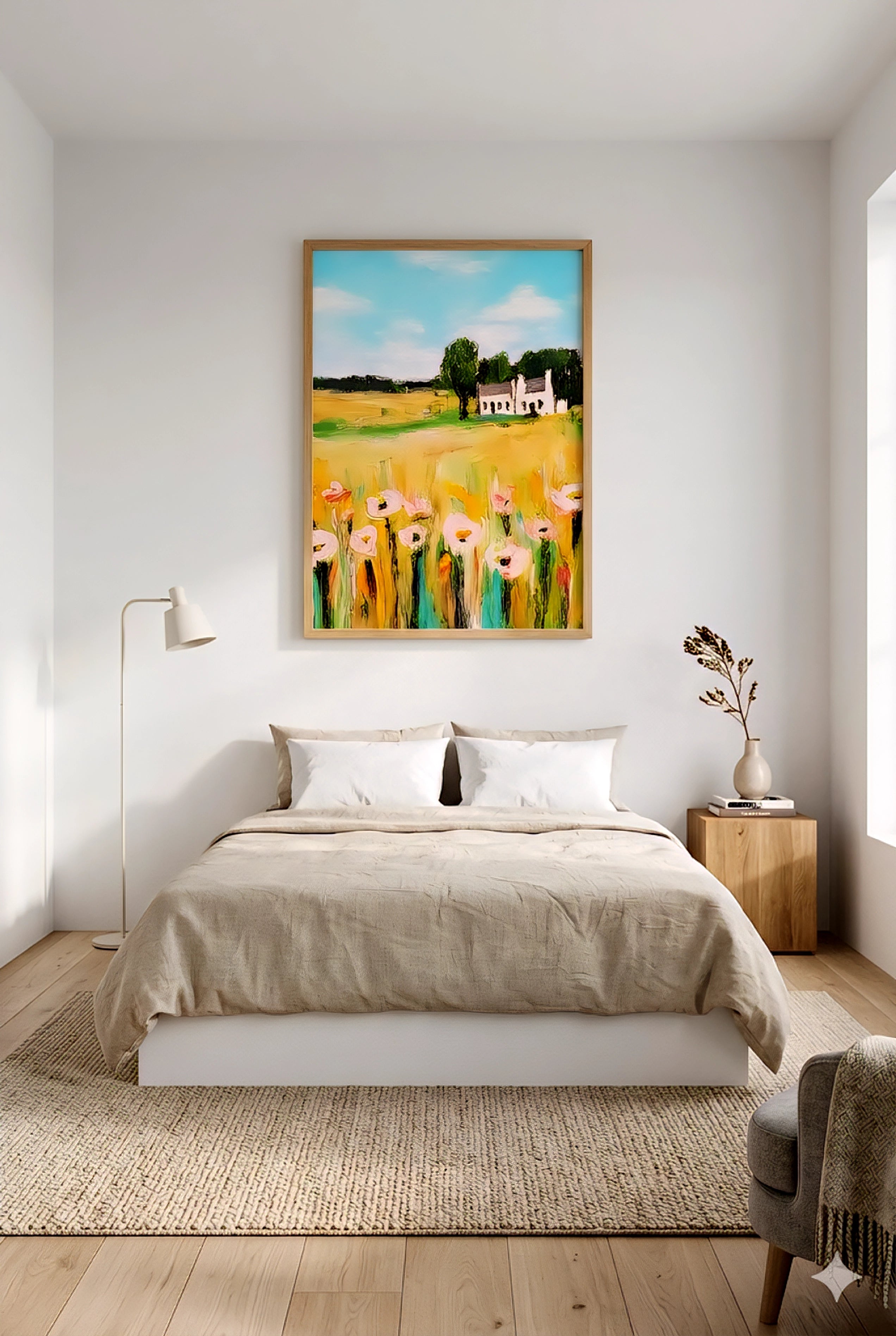 Minimal neutral bedroom with large farmhouse landscape wall art above bed in light wood frame and soft decor tones