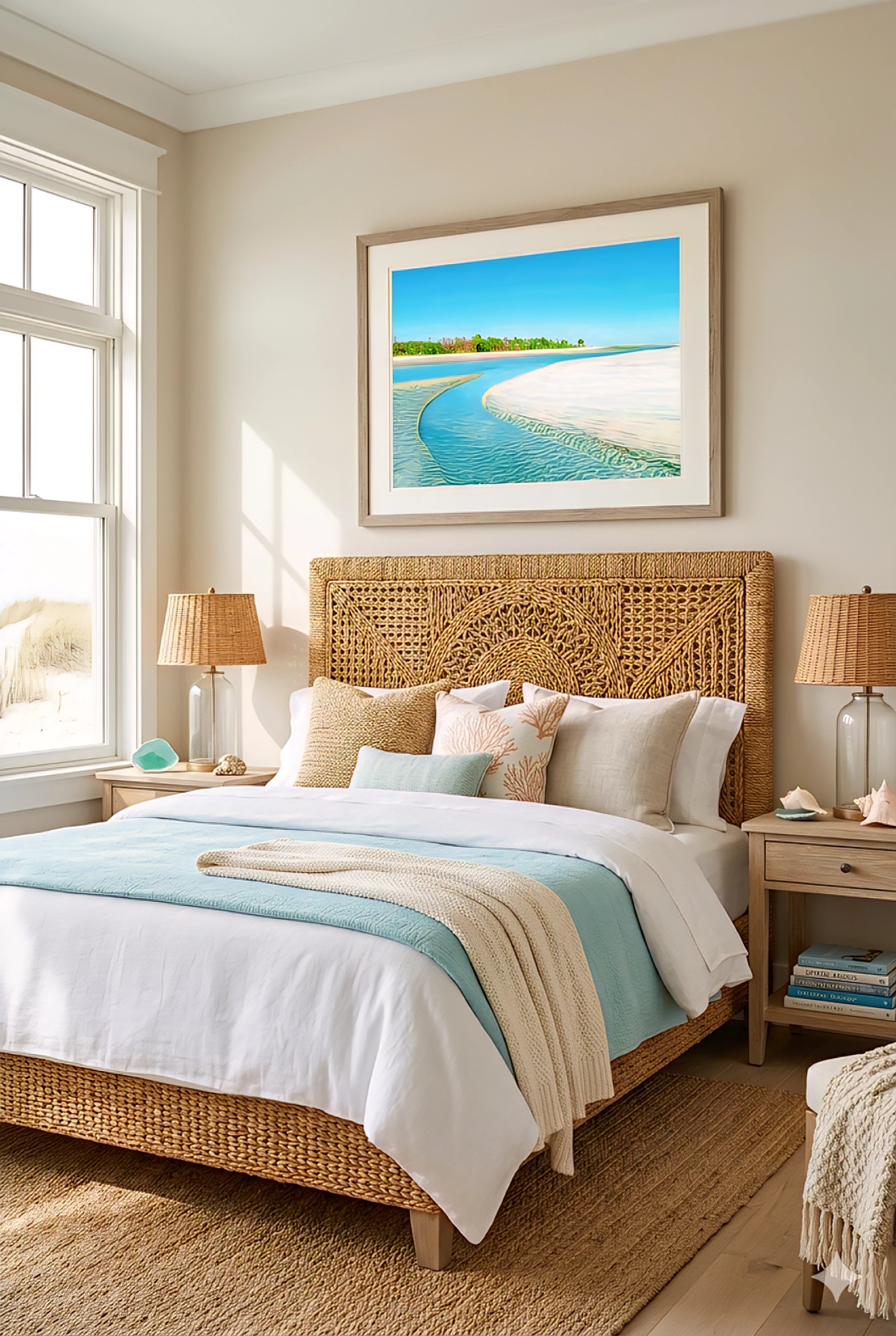 Coastal beach wall art above woven rattan bed in neutral bedroom with turquoise ocean print, soft blue bedding, sandy textures, and light airy coastal decor styling