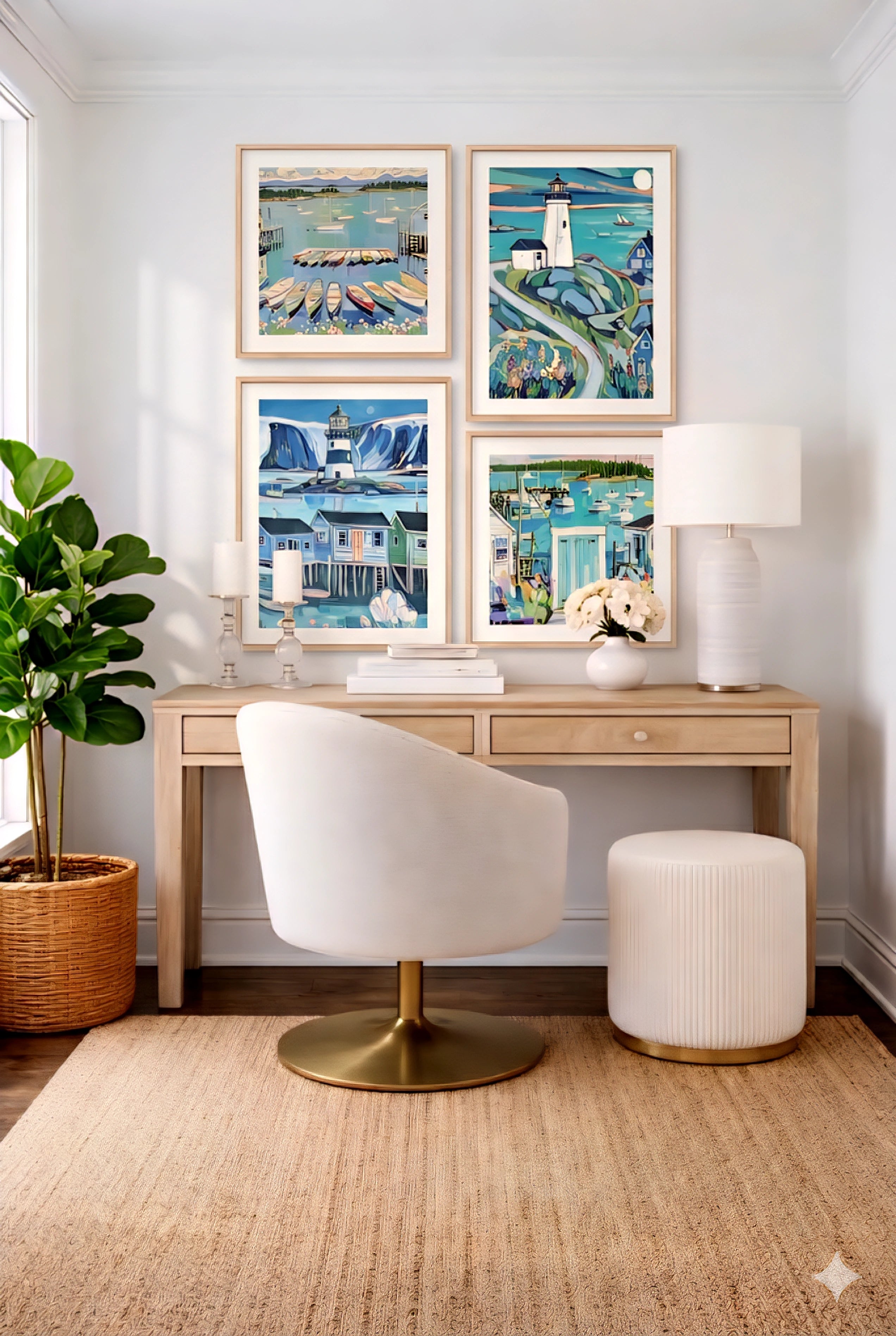 Coastal wall art bundle of 4 digital downloads styled above a modern desk, featuring lighthouse, harbor boats, and seaside cottages in calming blue tones, paired with neutral furniture and greenery for fresh coastal decorinspo home office styling