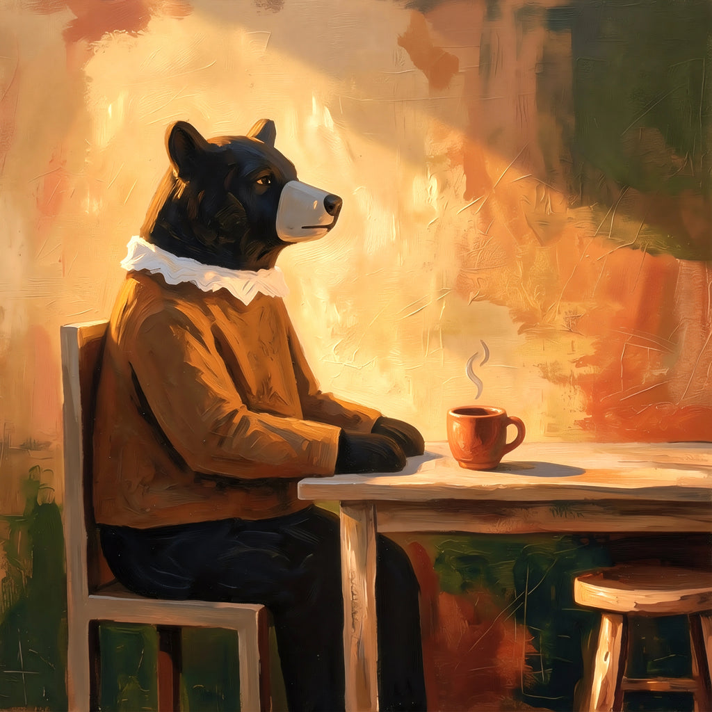 Square bear wall art print, modern animal cafe illustration with warm abstract tones, cozy contemporary decor digital download