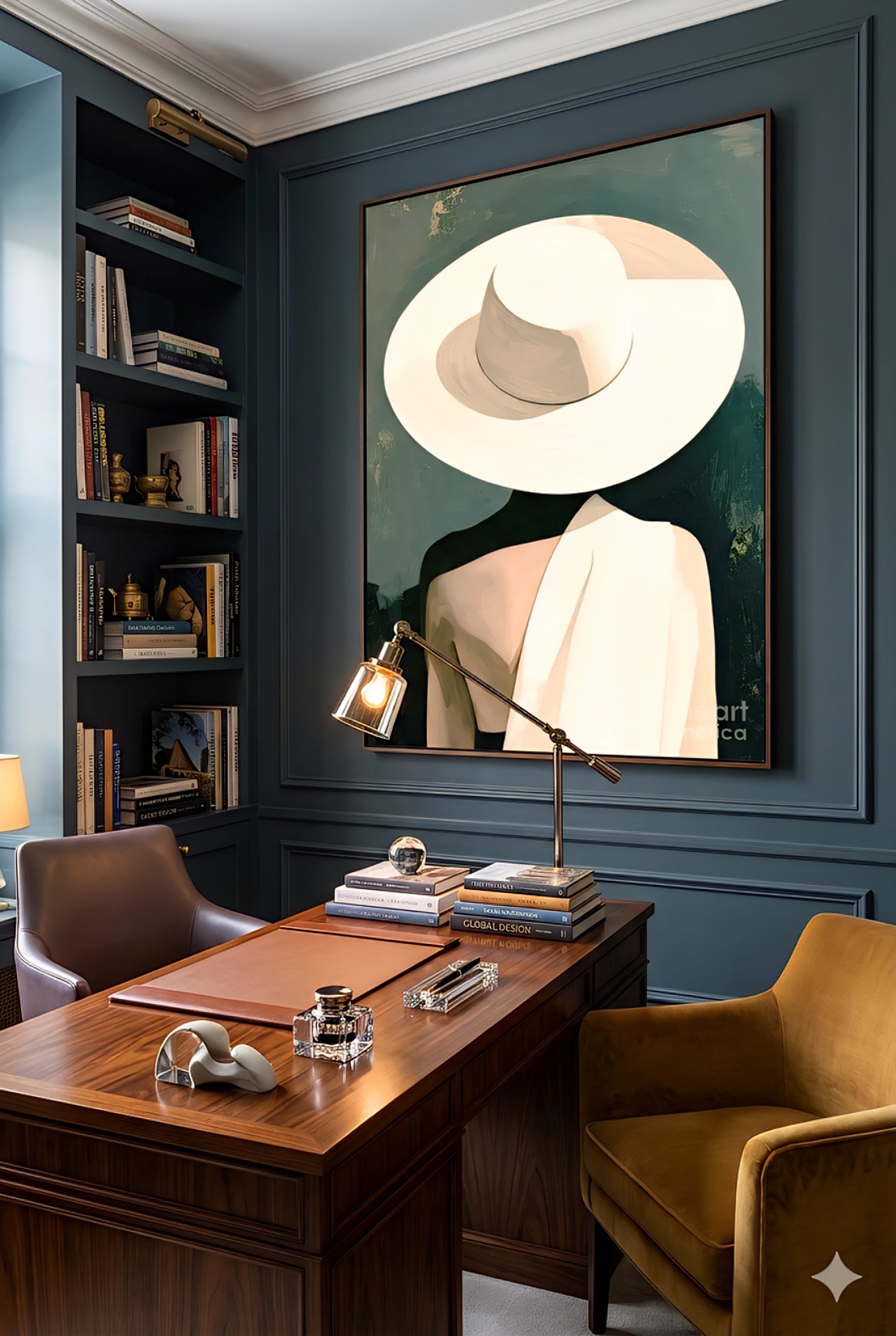 Minimalist woman with hat wall art in modern home office with blue walls and wood desk, neutral portrait styled above workspace