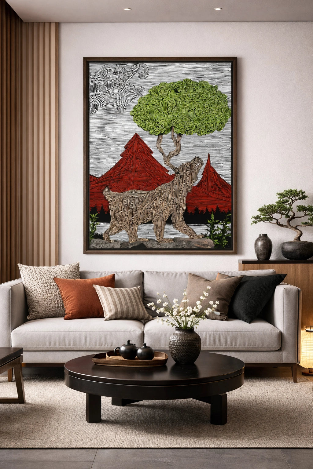 Woodcut bear artwork above neutral sofa in modern living room with warm wood accents