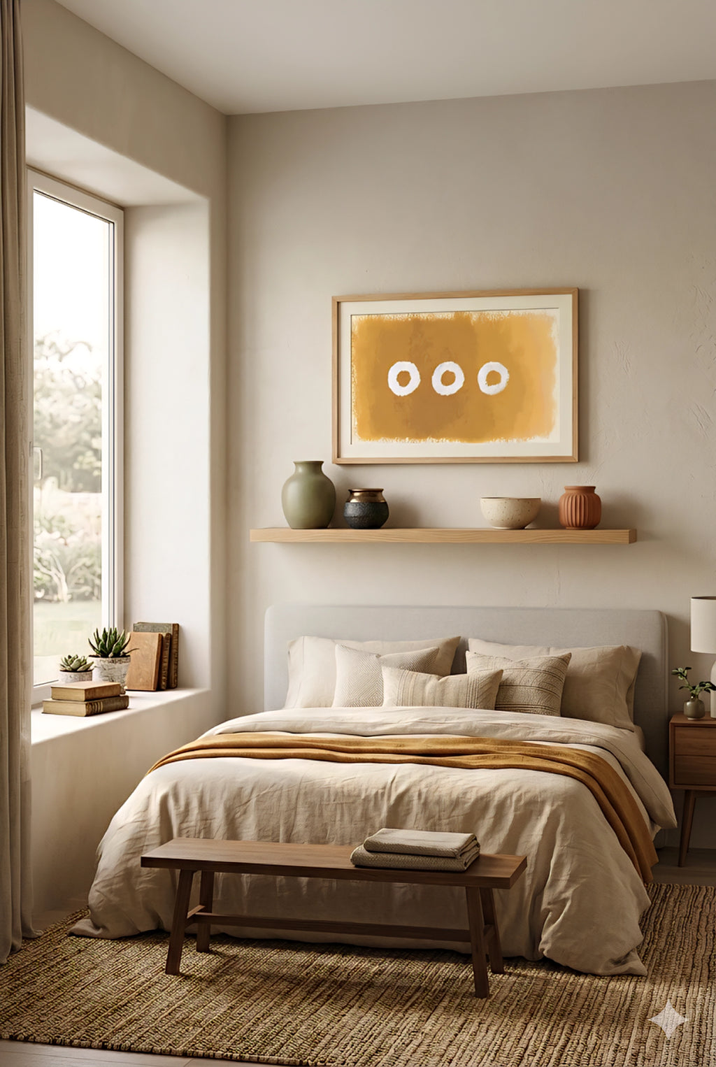 Large abstract wall art printable in warm golden earth tones with three circular shapes, displayed horizontally above a bed with a wood shelf in a modern minimalist bedroom, oversized 9:16 wall decor rotated landscape