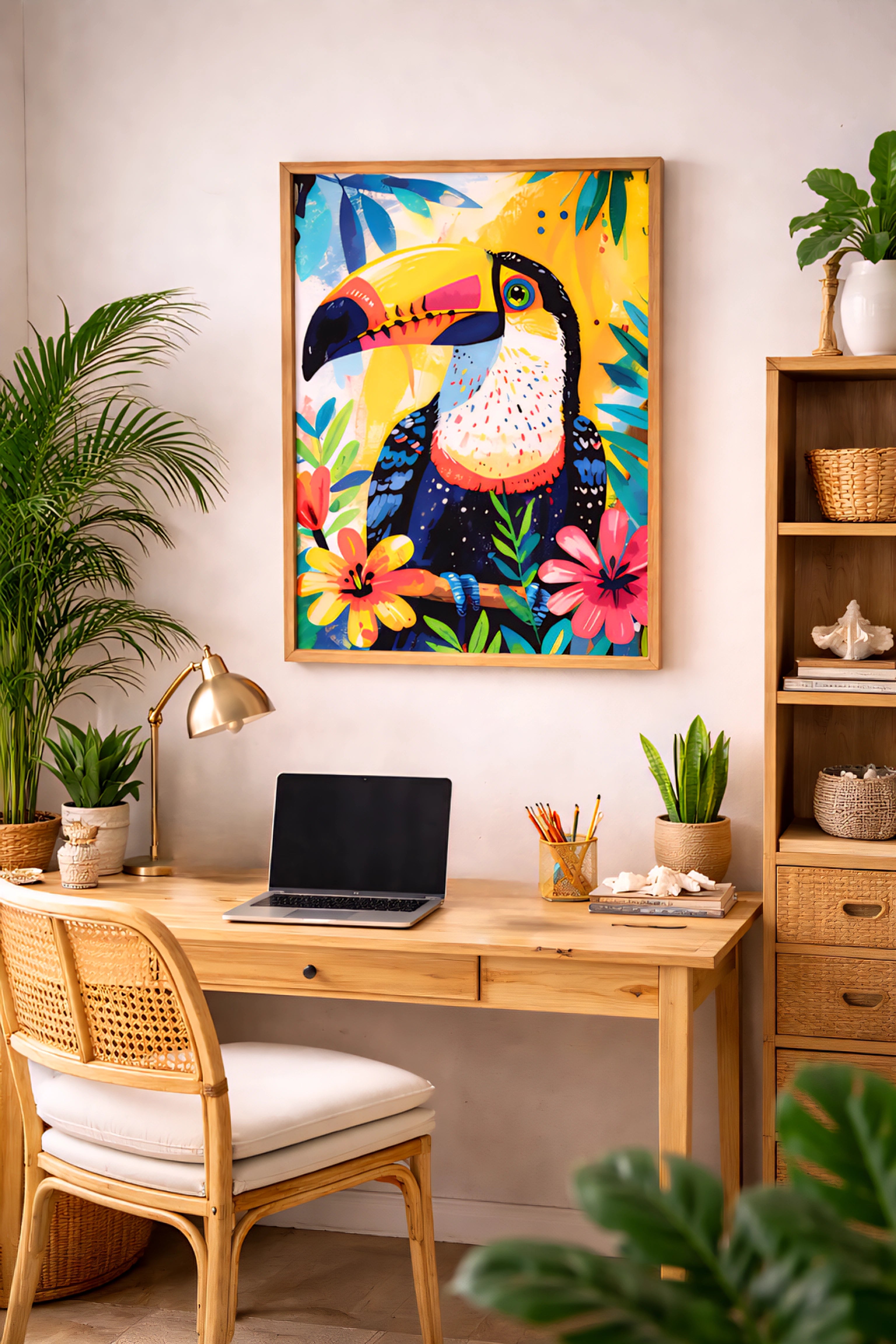 Tropical toucan printable wall art displayed in natural wood home office with plants.
