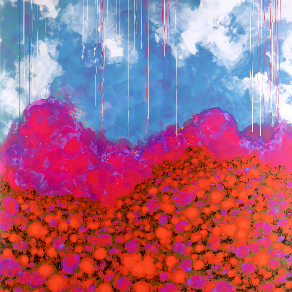 Abstract square download art with pink and red shapes against a blue sky with white clouds.