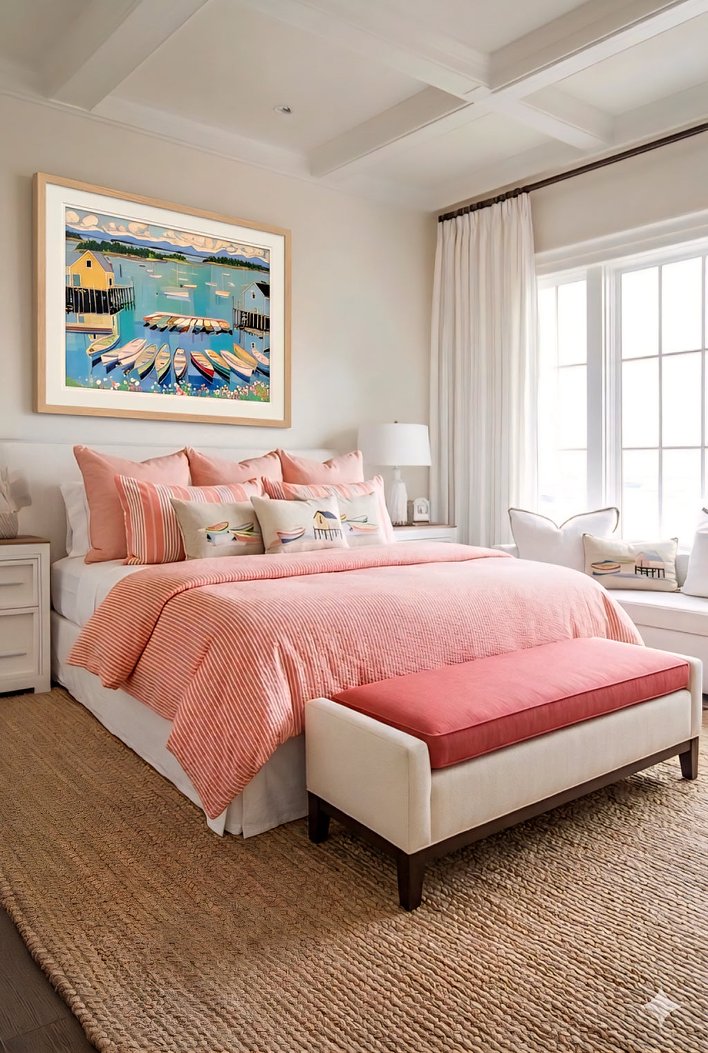 Coastal harbor printable wall art digital download in coral bedroom with beach house decor and soft neutral accents