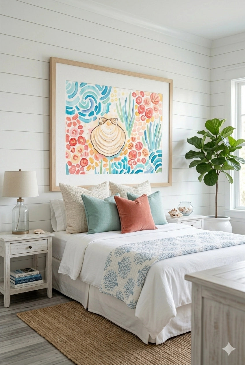 Savvy Places coastal shell watercolor wall art above bed in beach bedroom, large framed decorinspo
