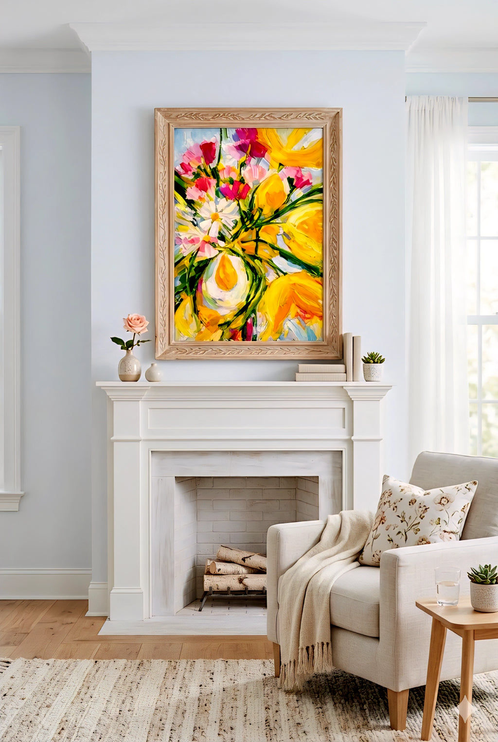 Yellow and pink floral abstract wall art above a white fireplace mantel in a soft neutral living room with light wood accents, cozy textures, and natural light for a calm decorinspo look