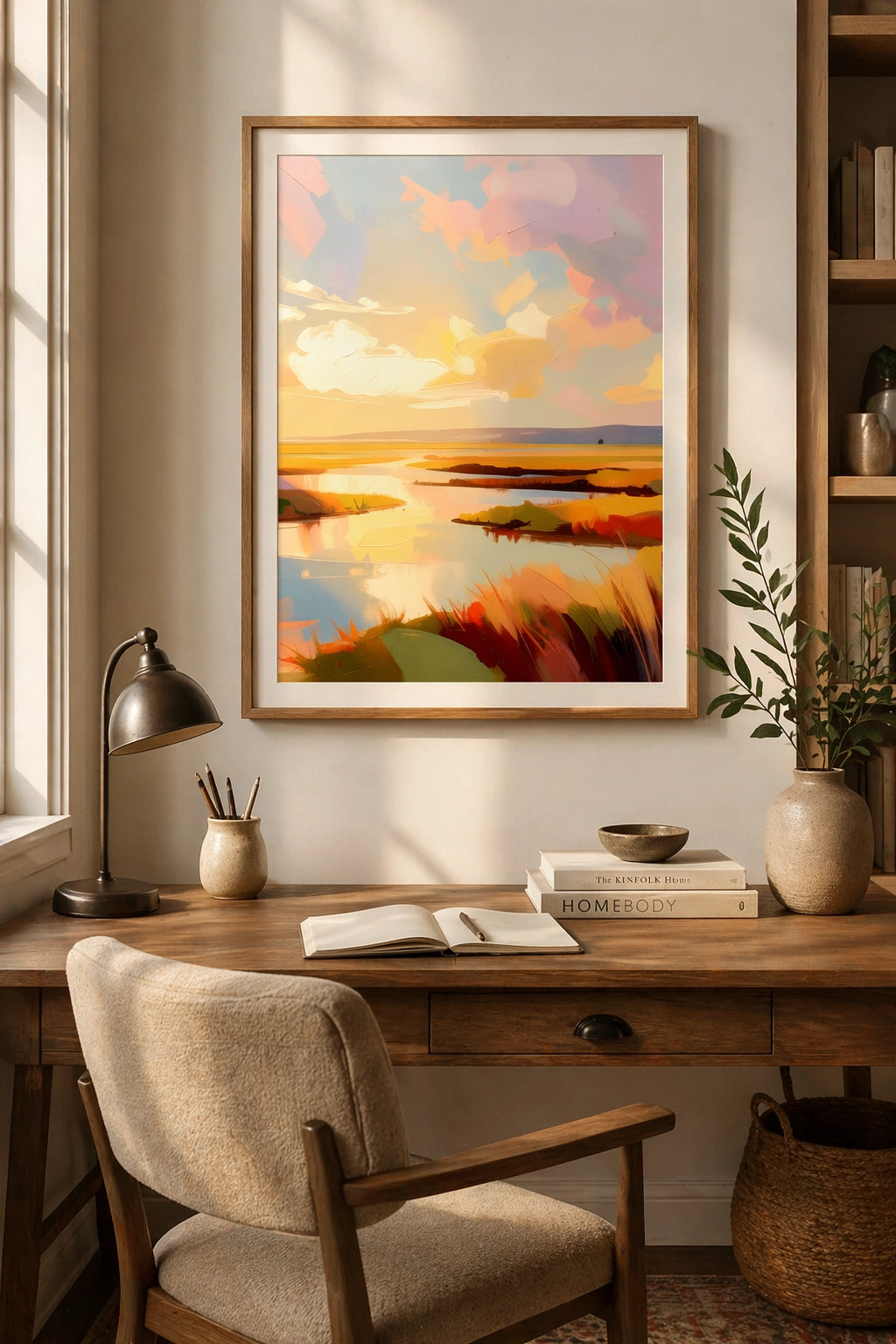 Savvy Places framed low country marsh wall art in warm home office with wooden desk, neutral textures, and soft sunset coastal landscape print