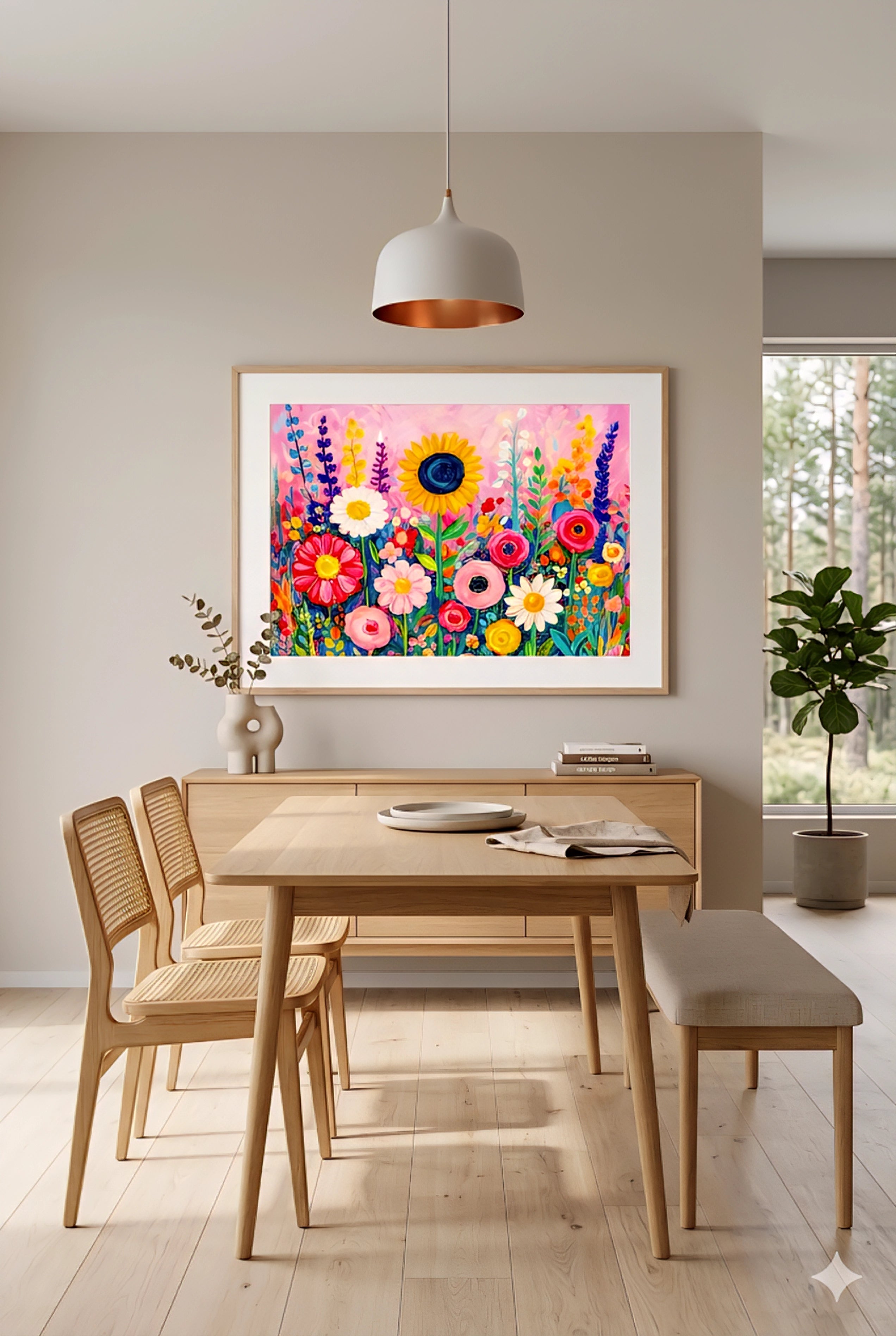 Colorful floral wall art printable in horizontal frame above dining table, featuring vibrant wildflowers and sunflower on pink abstract background in modern neutral dining room