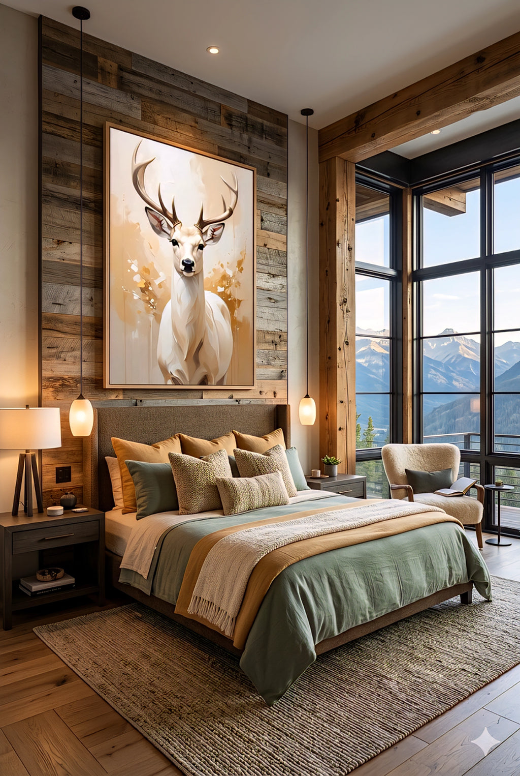 Warm neutral  deer wall art above bed in modern earth tone cabin bedroom, wildlife artwork, wood accent wall, mountain view, cozy lodge bedroom decor styling