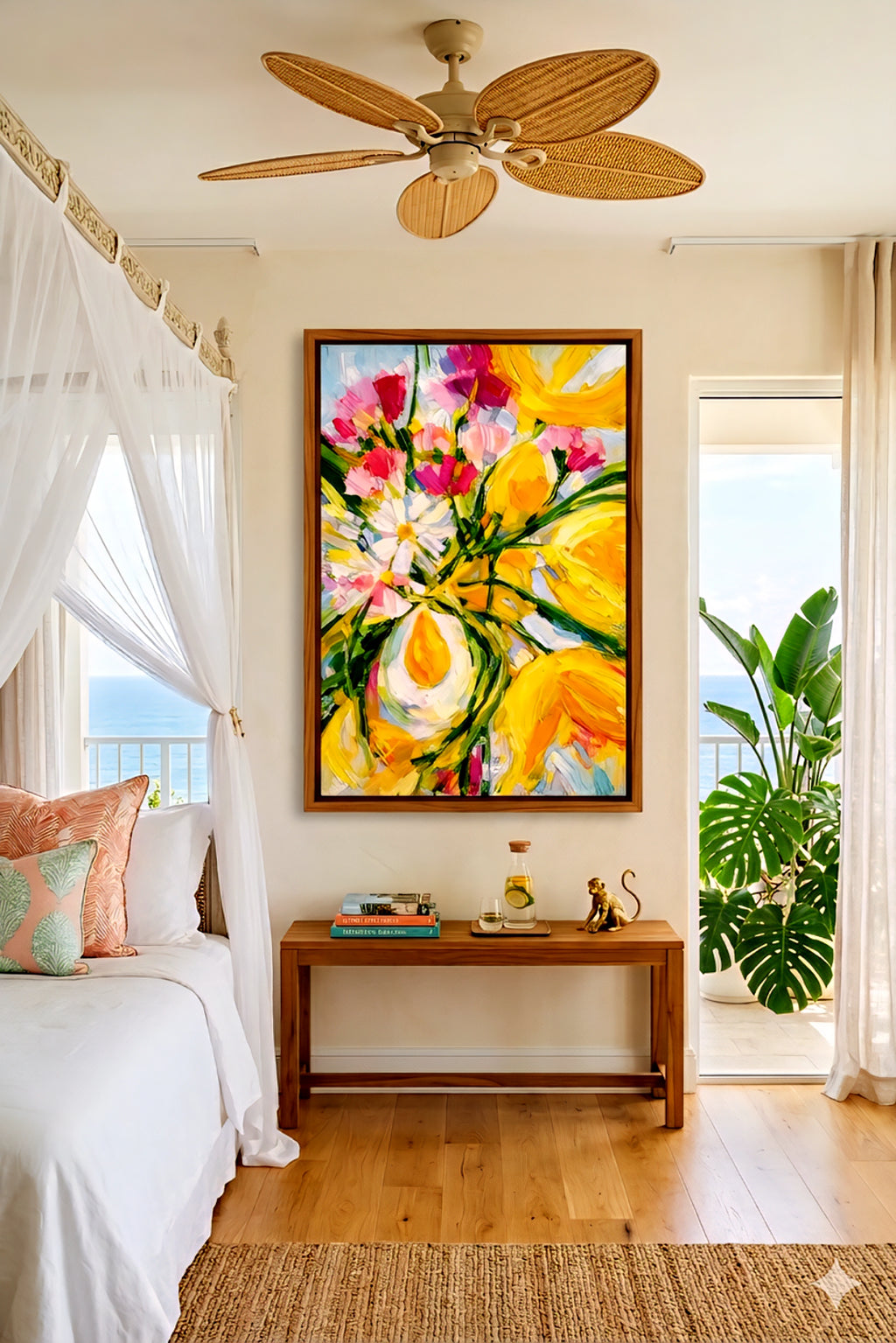 Large yellow and pink floral abstract wall art in a bright tropical bedroom with canopy bed, woven textures, greenery, and ocean view, creating a relaxed, airy decorinspo space