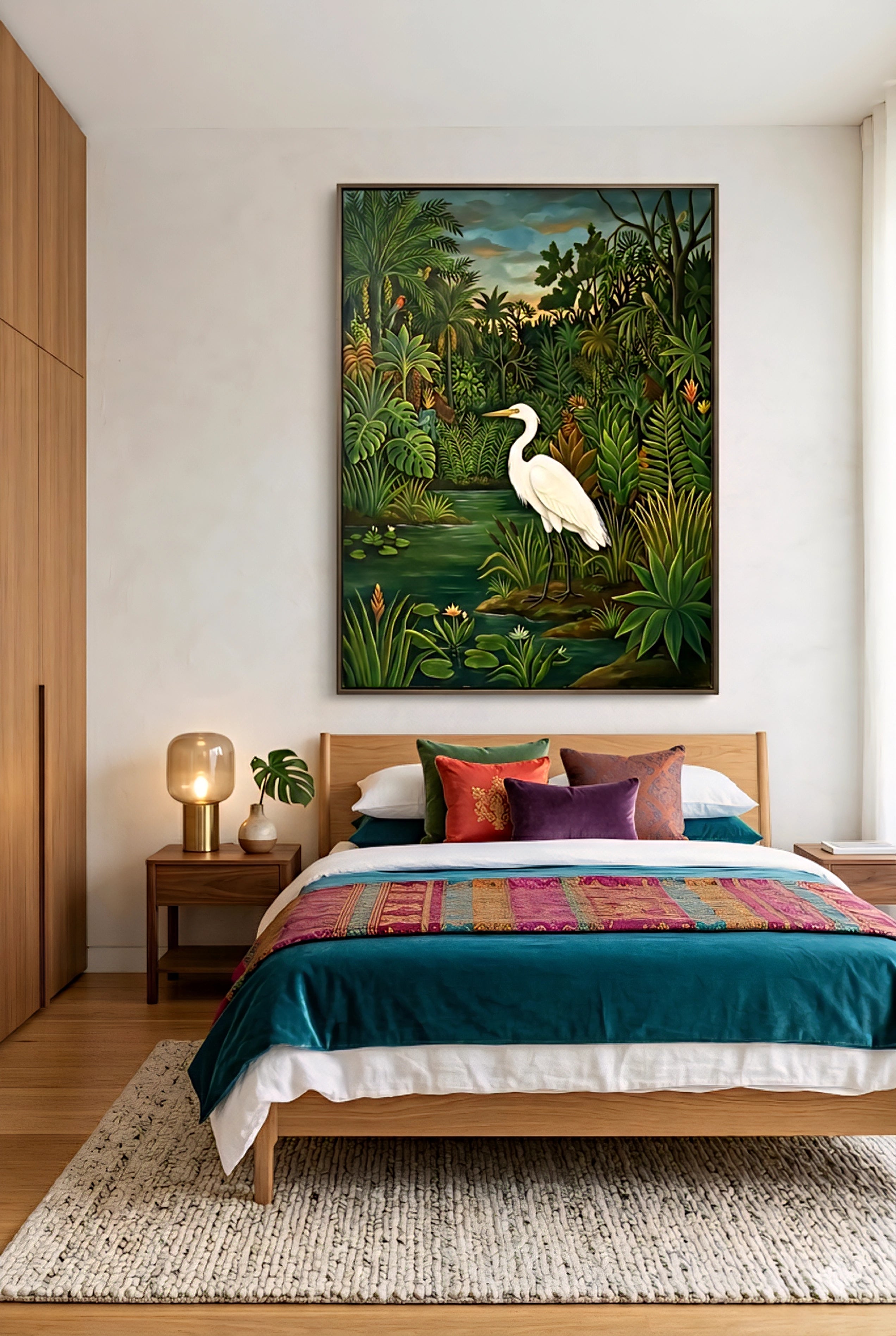 tropical bedroom wall art with egrer painting above bed, jungle artwork, colorful pillows, modern bedroom decor, statement art for cozy bedroom styling