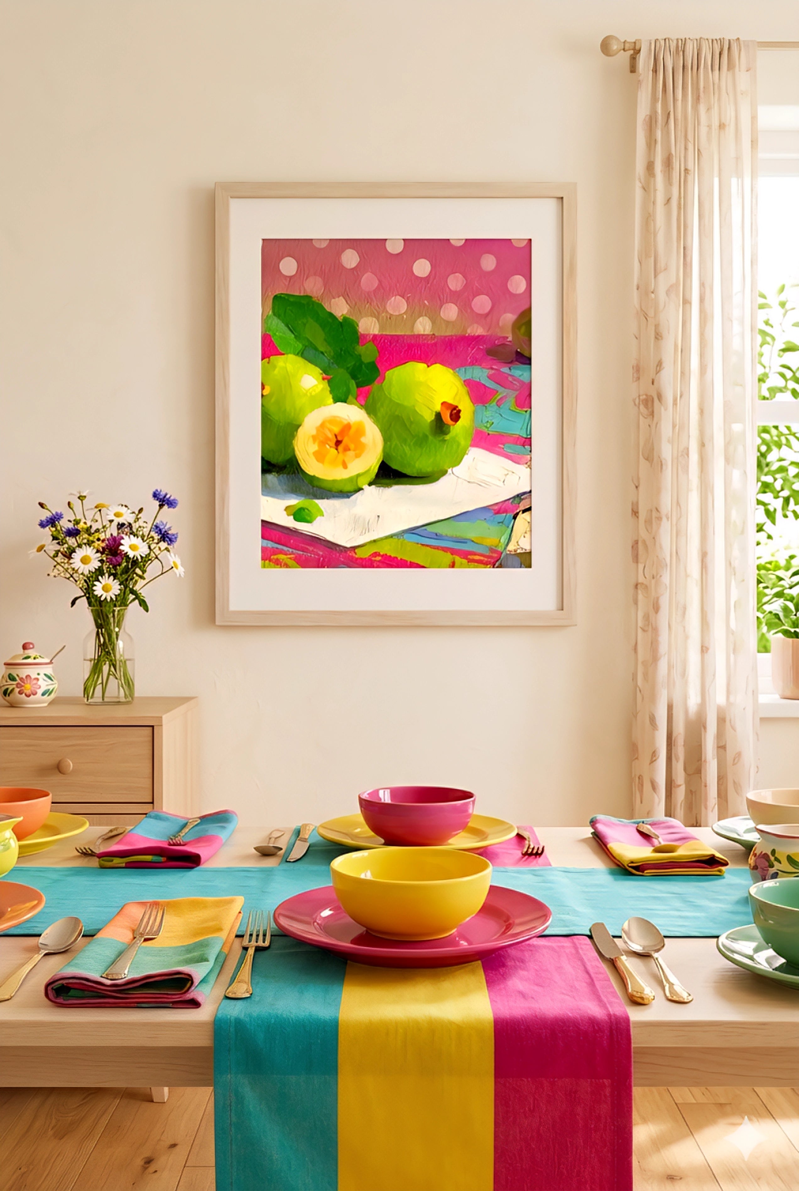 Colorful dining table with bright plates and linens, framed fruit wall art print on wall, cheerful modern decor, vibrant kitchen or dining space, digital download artwork