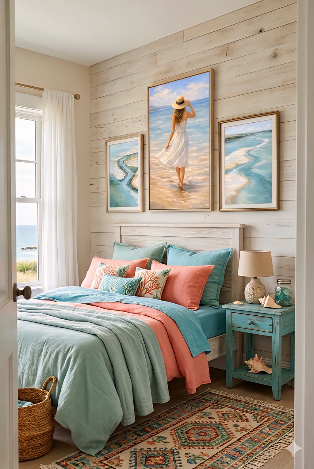 Colorful coastal bedroom featuring trypich art. Peach and turquoise color palette featured.