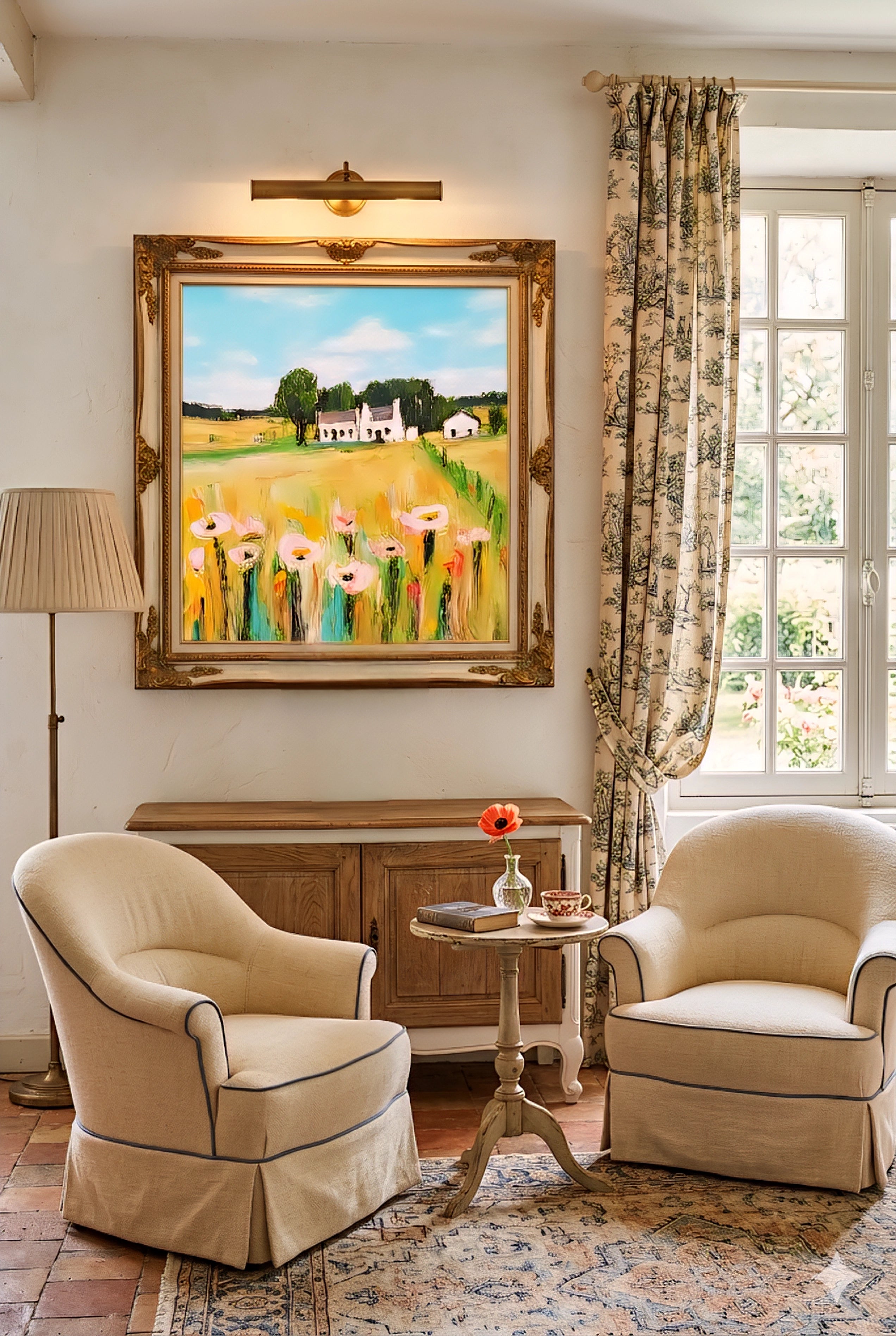 French country living room with farmhouse landscape wall art in ornate gold frame above sideboard with cozy neutral seating