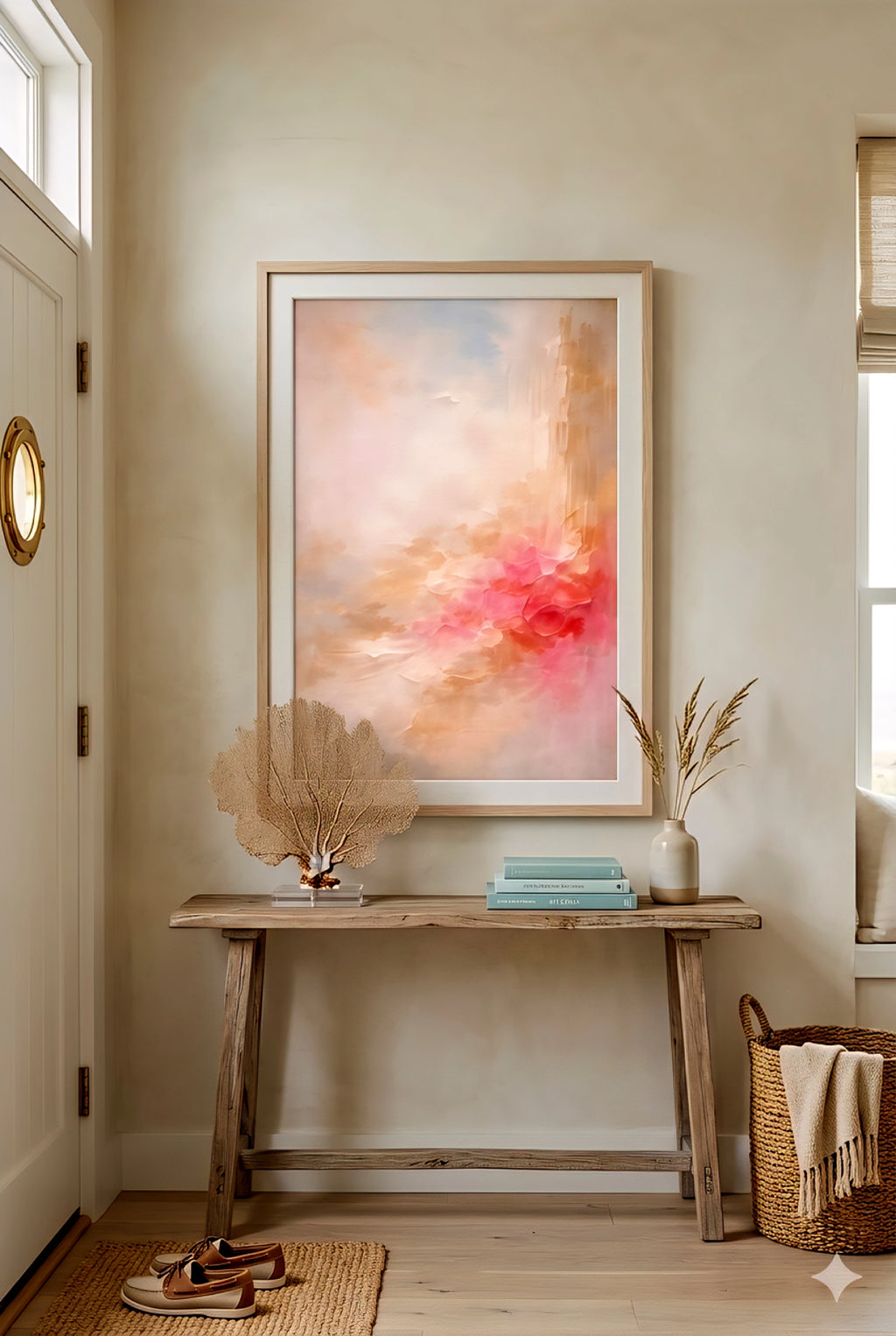 Coastal entryway with coral abstract wall art above wood console table, neutral decor, woven textures, and soft beach house styling