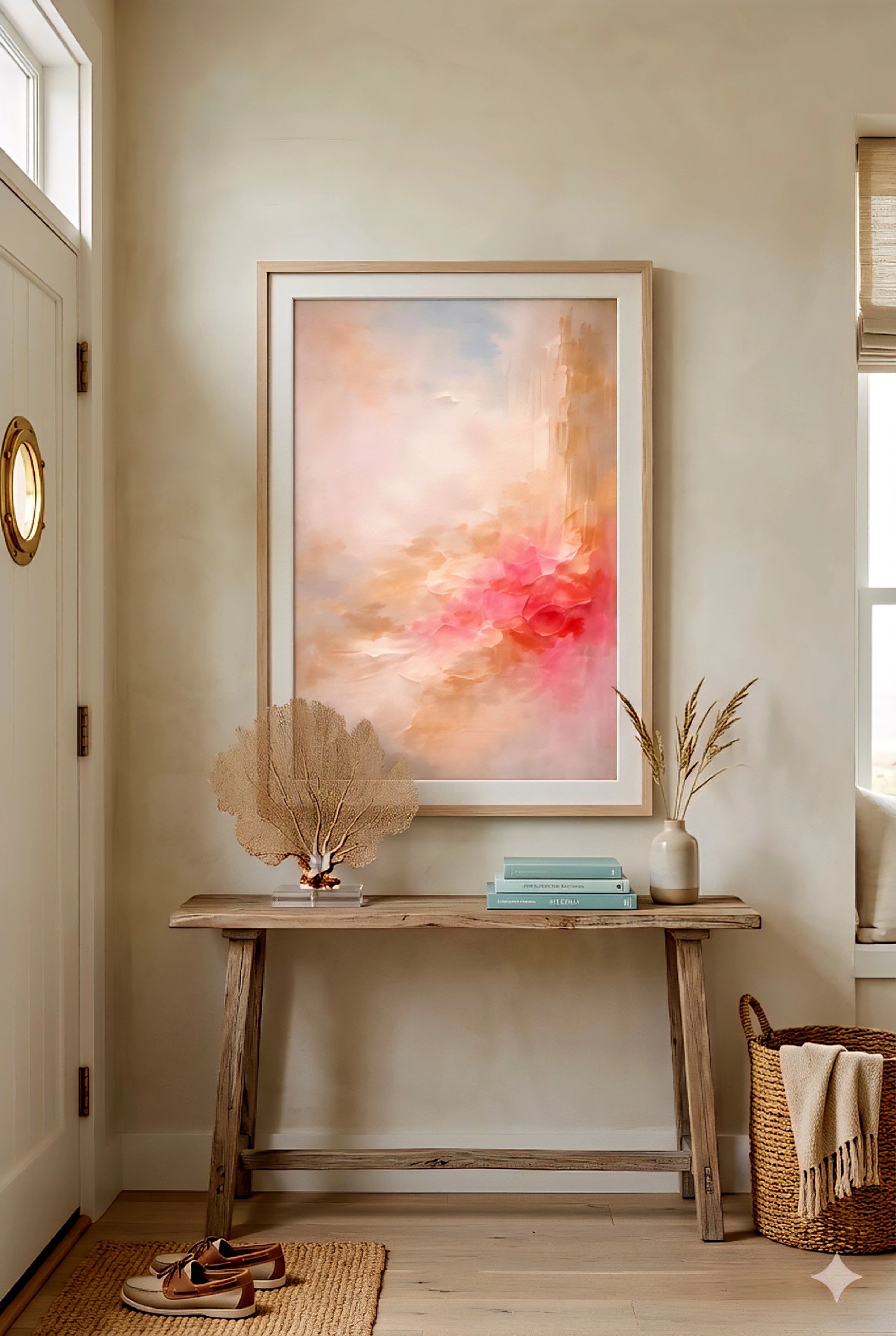 Coastal entryway with coral abstract wall art above wood console table, neutral decor, woven textures, and soft beach house styling